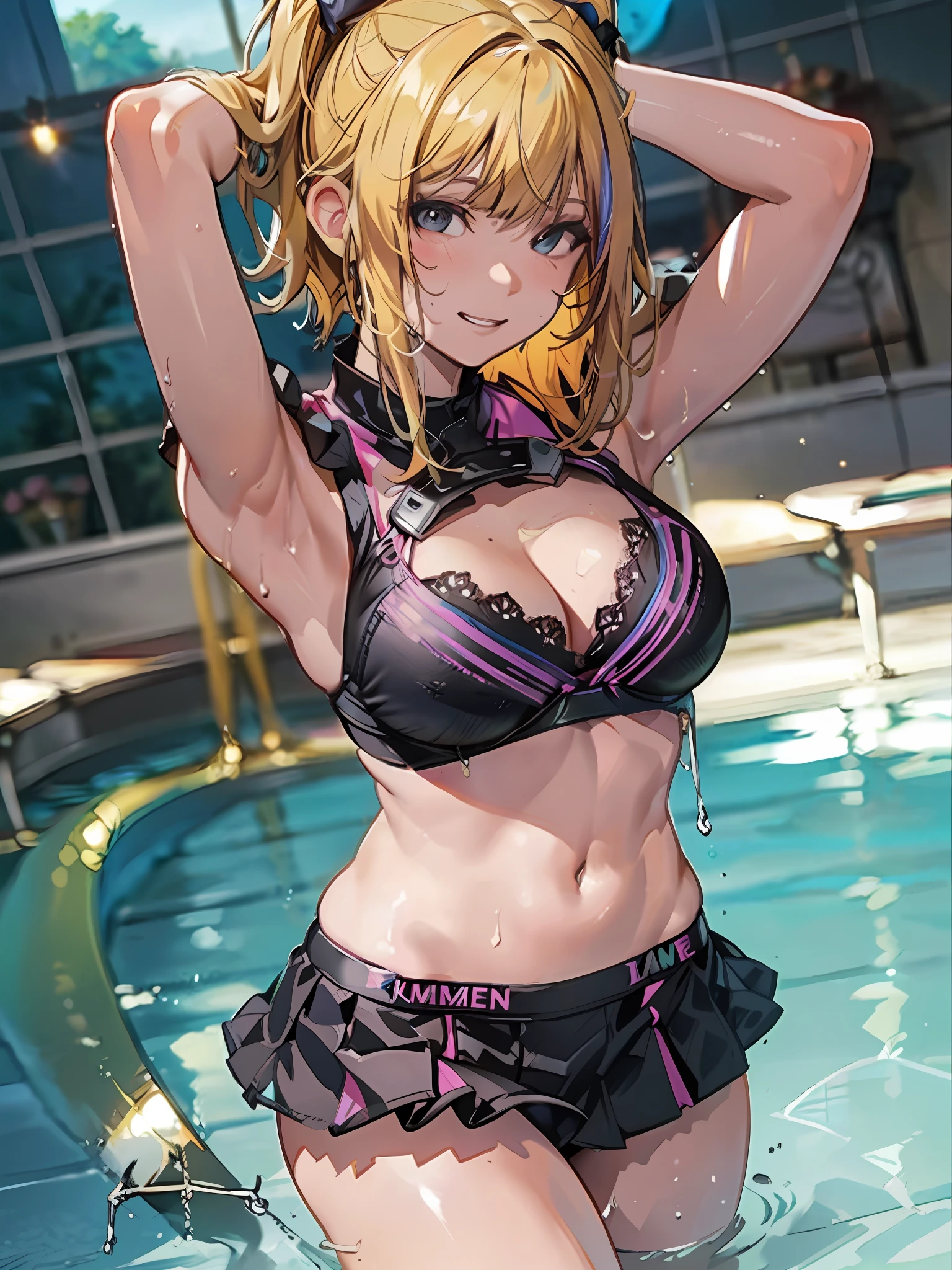 Blonde, Navel, Gal , Blush, Invincible grin, Spooky grin, Erect, (Brown skin:1.2), Big tits, Wet Teka, Photo, Best Quality, Masterpiece: 1.2, (Real, Photorealistic: 1.37), Fine lashes,, Areola visible, Panties, Wet uniform, Schoolgirl, Dark blue pleated skirt, Brown skin, Summer clothes, Wet shirt