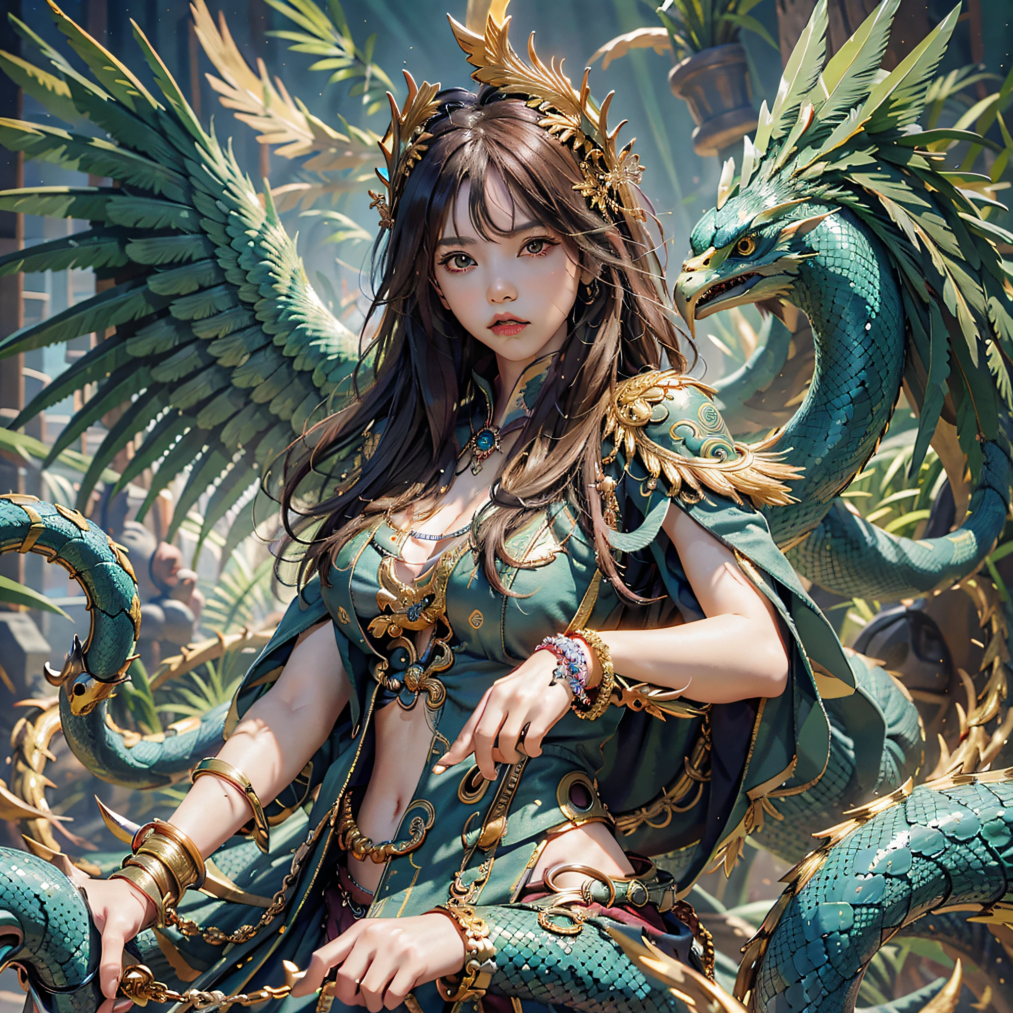 Masterpiece, best quality, {best quality}, {{masterpiece}}, {highres}, anime, 1boy, adult man, attractive, exotic, Quetzalcoatl, Kukulkan, Serpent God, feathered serpent, flying feathers, plumage, Aztec, golden, gold, thunder, thunder, thunder, claws, sharp teeth, serious, destruction --auto --s2