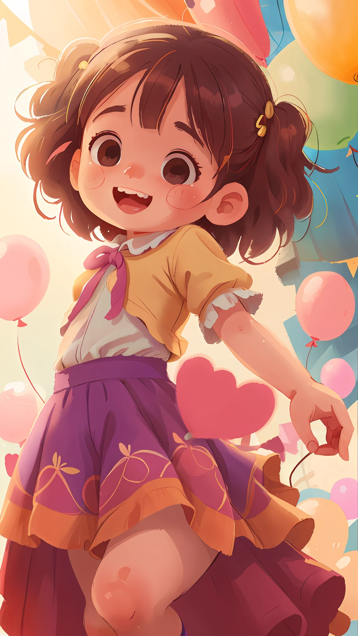 A , dancing, many balloons, happy, happy, perfect quality, long skirt, clear focus (clutter - home: 0.8), (masterpiece: 1.2) (realistic: 1.2) (bokeh) (best quality) (detailed skin: 1.3) (intricate details) (8K) (detail eyes) (sharp focus), (happy)
