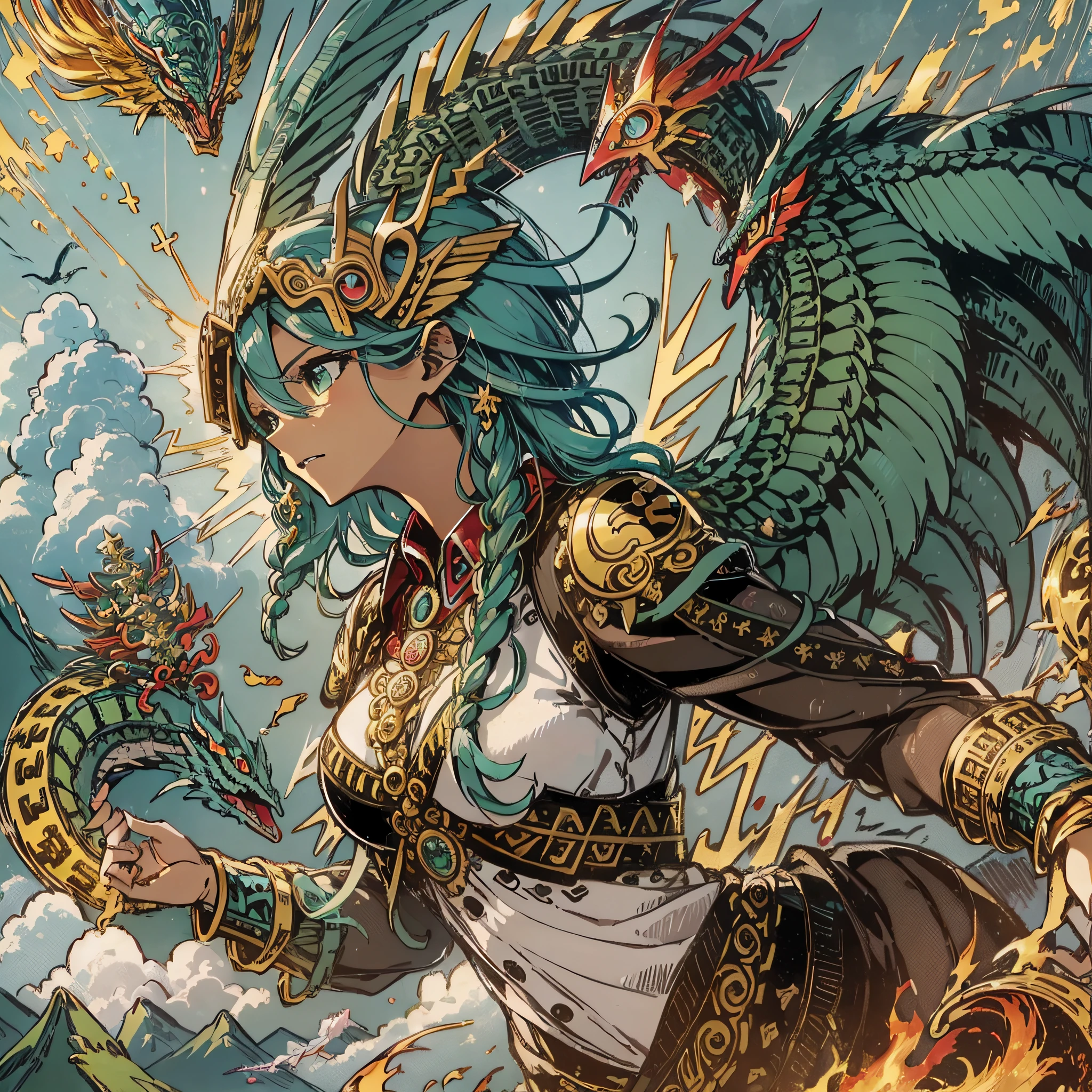 Masterpiece, best quality, {best quality}, {{masterpiece}}, {highres}, anime, attractive, exotic, Quetzalcoatl, Kukulkan, Serpent God, feathered serpent, flying plumes, plumage, Aztec, golden, gold, thunder, thunder, claws, sharp teeth, serious, destruction --auto --s2