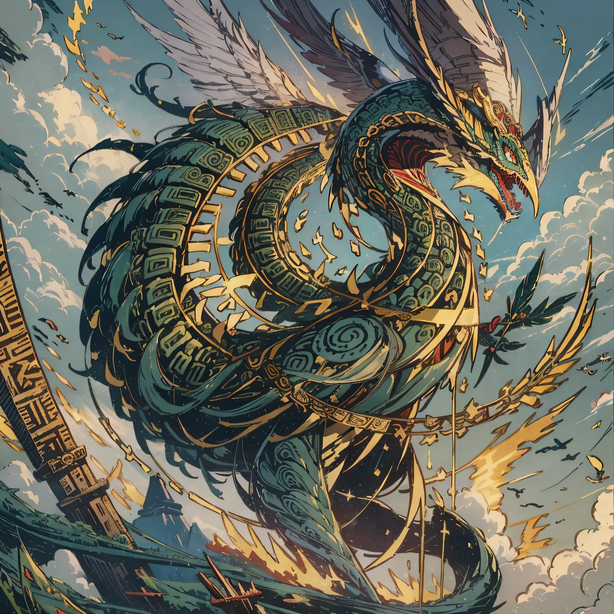 Masterpiece, best quality, {best quality}, {{masterpiece}}, {highres}, anime, attractive, exotic, Quetzalcoatl, Kukulkan, Serpent God, feathered serpent, flying plumes, plumage, Aztec, golden, gold, thunder, thunder, claws, sharp teeth, serious, destruction --auto --s2