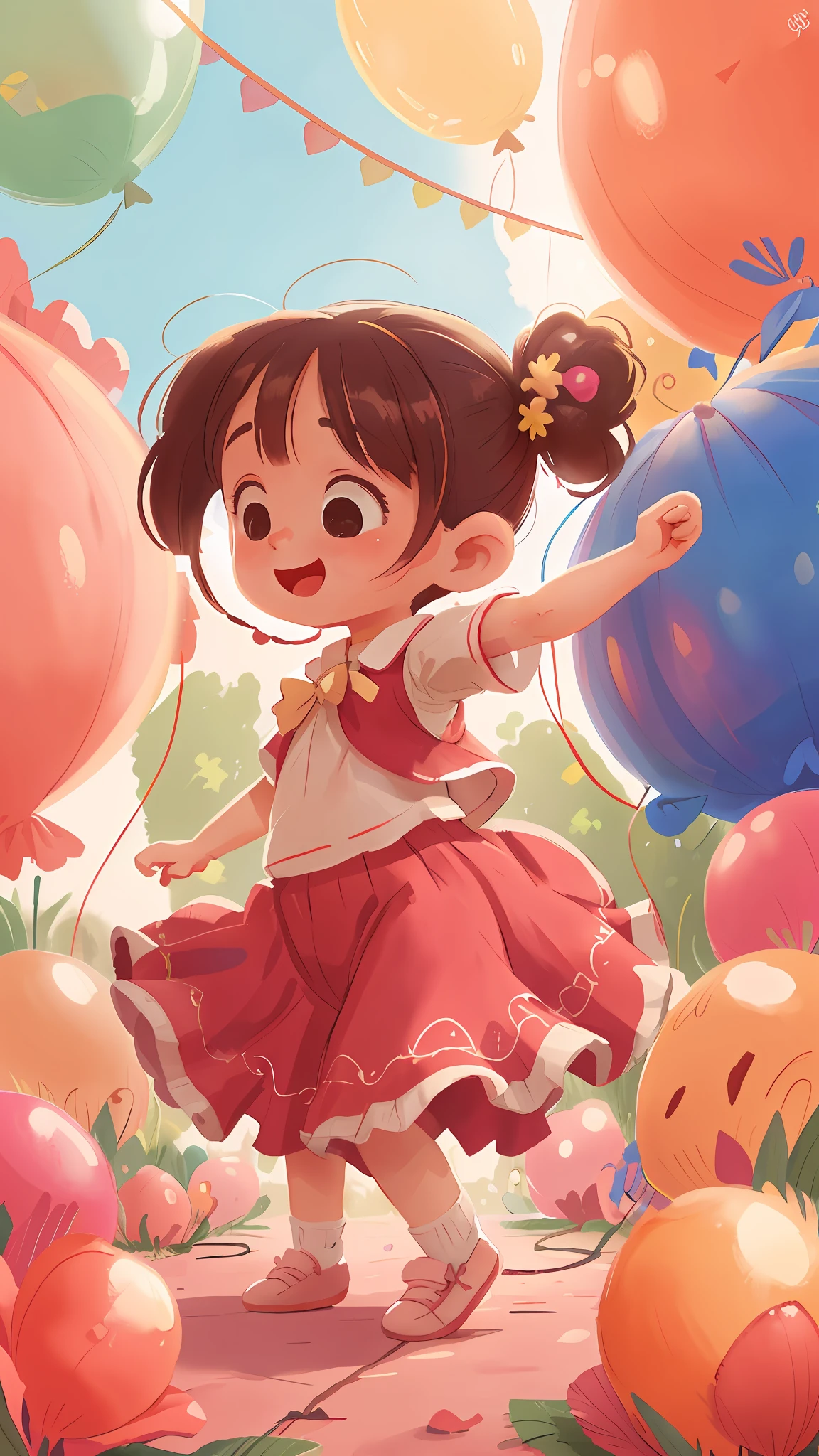 A little girl, dancing, many balloons, happy, happy, perfect quality, long skirt, clear focus (clutter - home: 0.8), (masterpiece: 1.2) (realistic: 1.2) (bokeh) (best quality) (detailed skin: 1.3) (intricate details) (8K) (detail eyes) (sharp focus), (happy)