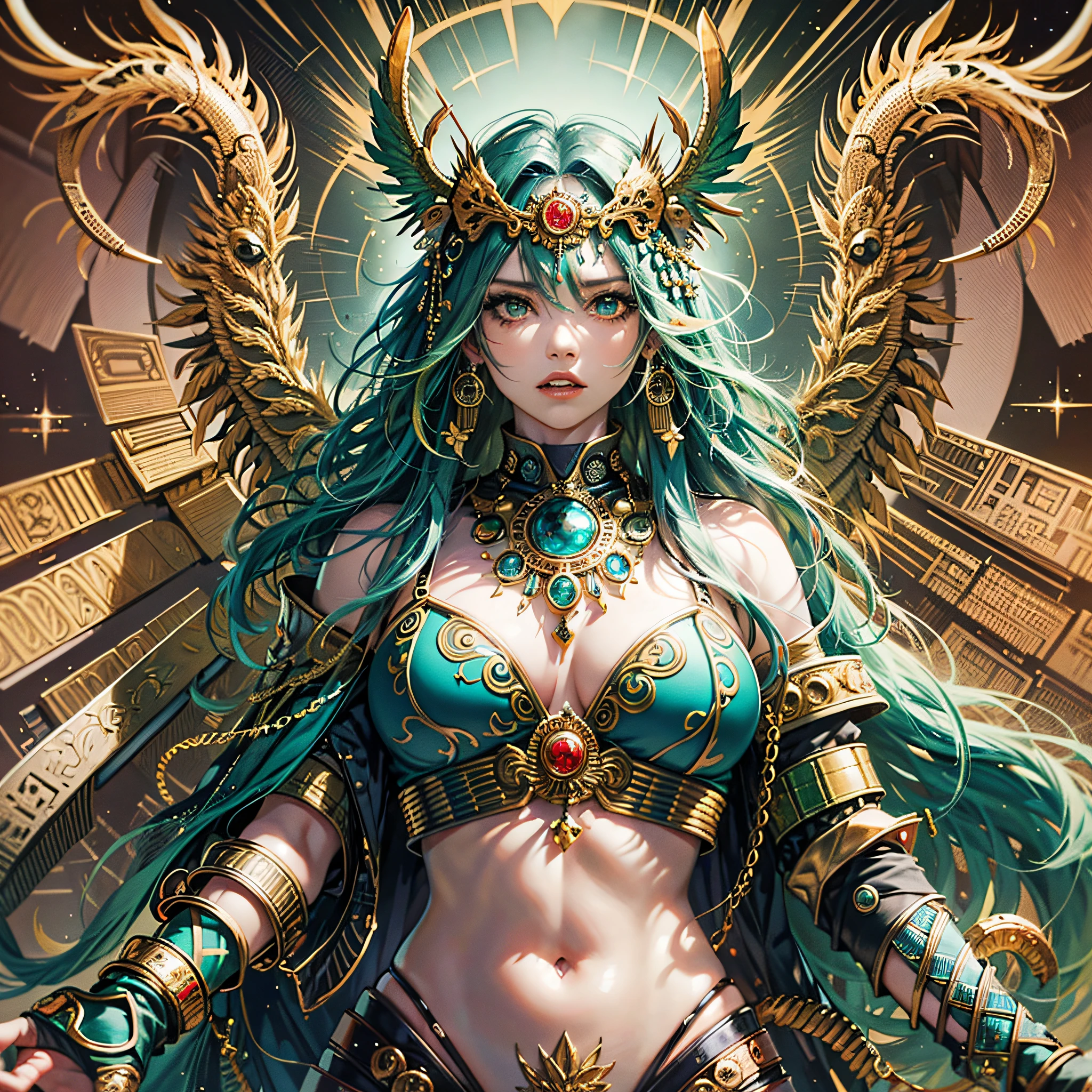 Masterpiece, best quality, {best quality}, {{masterpiece}}, {highres}, anime, 1girl, adult woman, attractive, exotic, Quetzalcoatl, Kukulkan, Serpent God, feathered serpent, flying feathers, plumage, Aztec, golden, gold, thunder, thunder, claws, sharp teeth, serious, traditional Aztec clothing --auto --s2