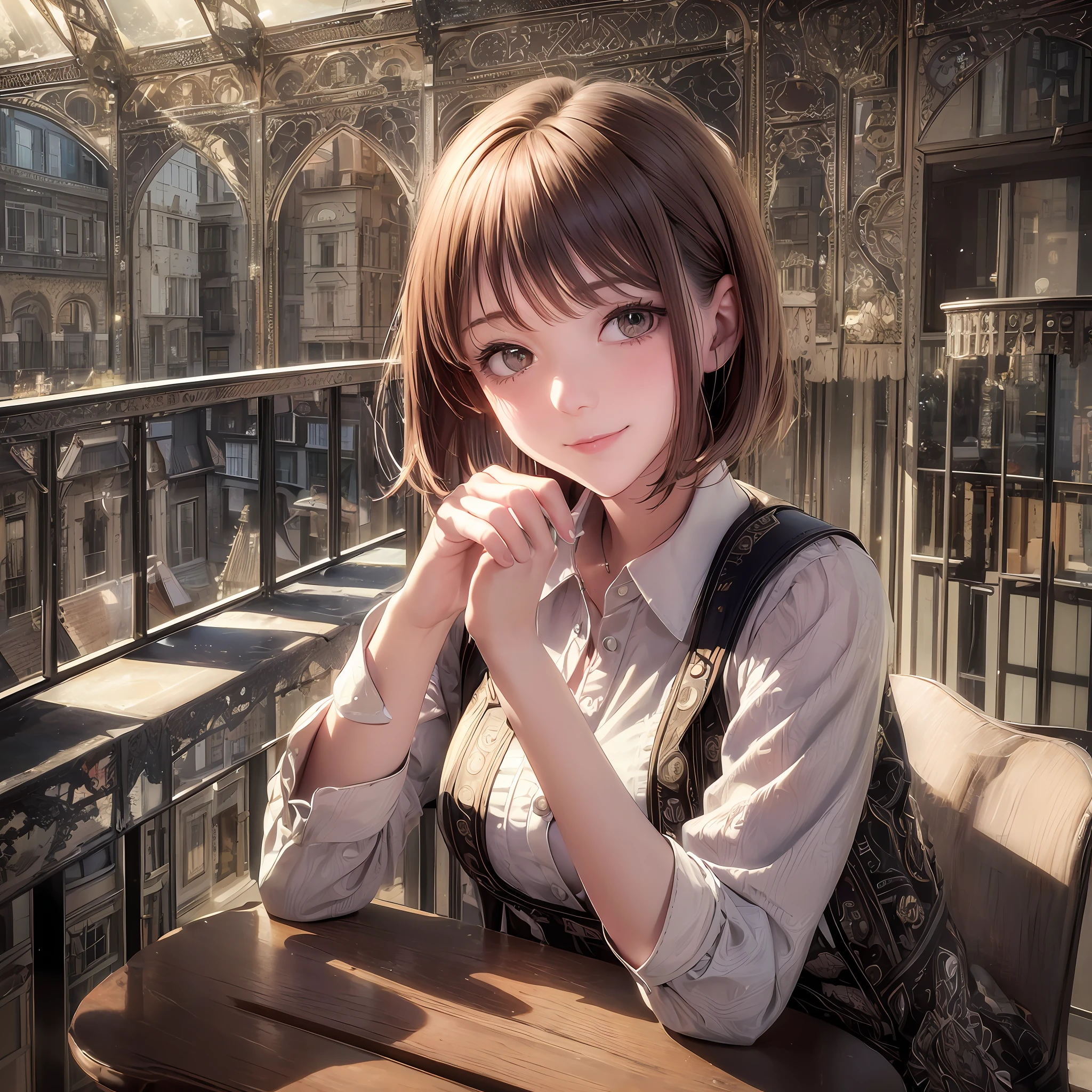 (8k, top quality, masterpiece: 1.2), (realistic, photorealistic: 1.37), super detailed, girl single, cute, solo, beautiful detailed sky, detailed café, night, sitting, date, (blush), (smile: 1.15), (closed mouth) small, fine beautiful eyes, white lace, (short hair: 1.2) --auto --s2
