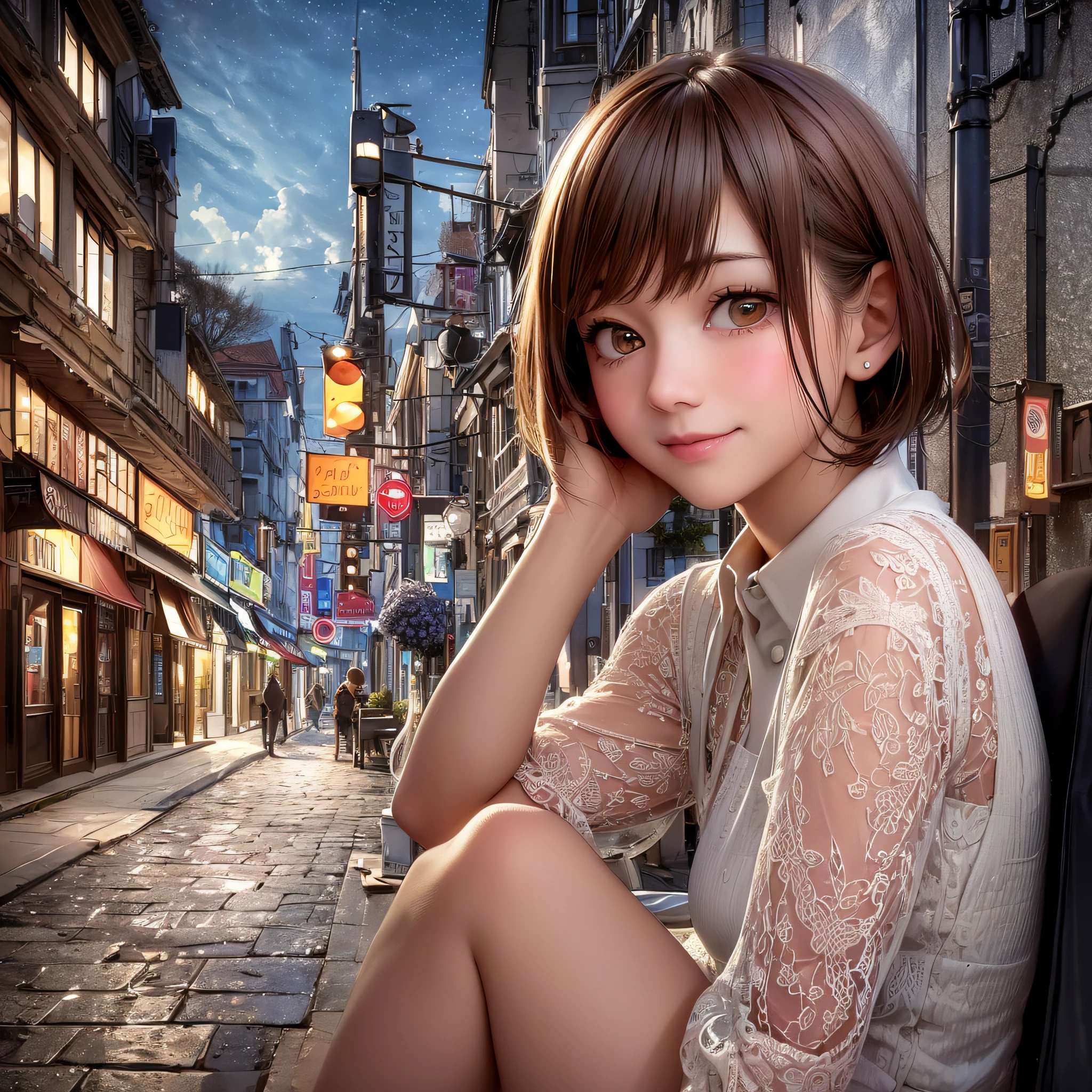 (8k, top quality, masterpiece: 1.2), (realistic, photorealistic: 1.37), super detailed, girl single, cute, solo, beautiful detailed sky, detailed café, night, sitting, date, (blush), (smile: 1.15), (closed mouth) small, fine beautiful eyes, white lace, (short hair: 1.2) --auto --s2