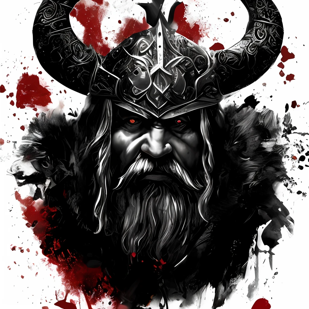 a black, red and white drawing of a viking with horns and beard, painted portrait of a robust odin, viking and templar aesthetic, viking warrior illustration, trash polka, viking berserker, norse god, inspired by Vilhelm Bissen, viking god, norse warrior, viking warrior, portrait of a viking, ancient viking warrior