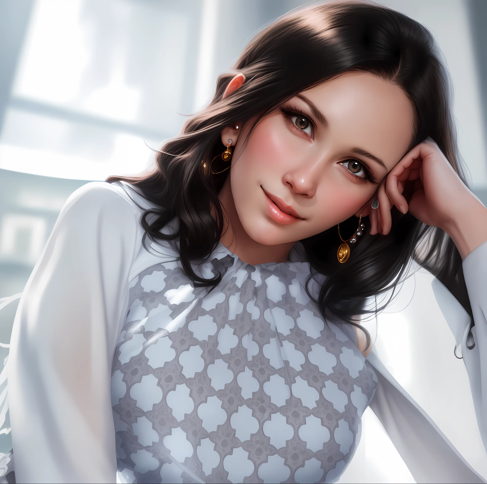 best quality, ultra high res, ultra detailed face and eyes, beautiful girl, 1girl, breasts, solo, black hair, long hair, medum breasts, jewelry, earrings, looking at the viewer, lips, indoors, closed mouth, detailed body, detailed clothes, photorealistic, detailed background, front, (bra: 1.1), blush, narrow waist, smile,