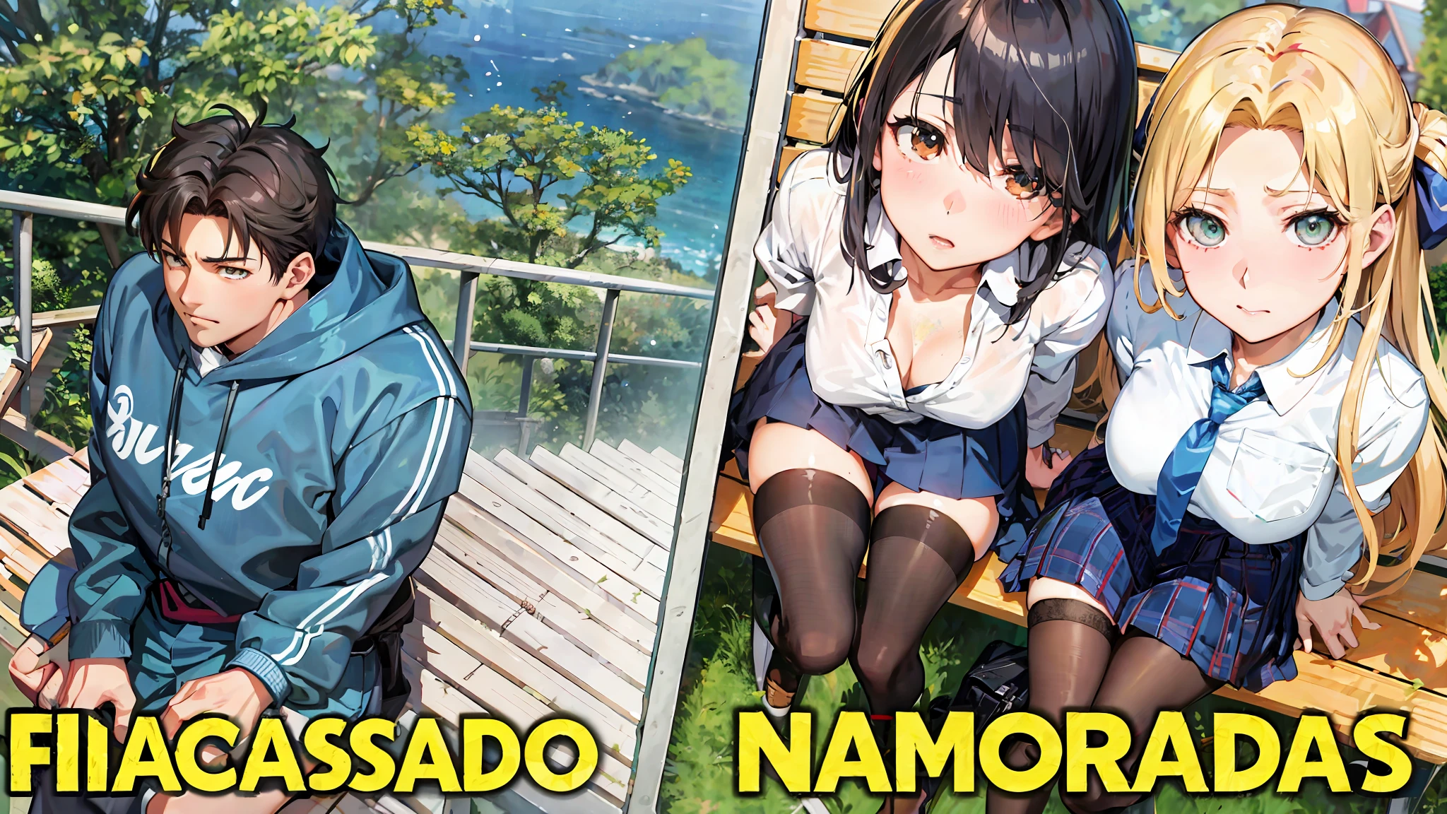 there are two pictures of a couple of anime characters sitting on a bench, visual novel cg, visual novel, semirealistic anime style, realistic anime art style, ; visual novel, ecchi anime style, anime stile, makoto shinkai and bioware, kawacy, visual novel key visual, manga anime, photorealistic anime, nagatoro, realistic manga