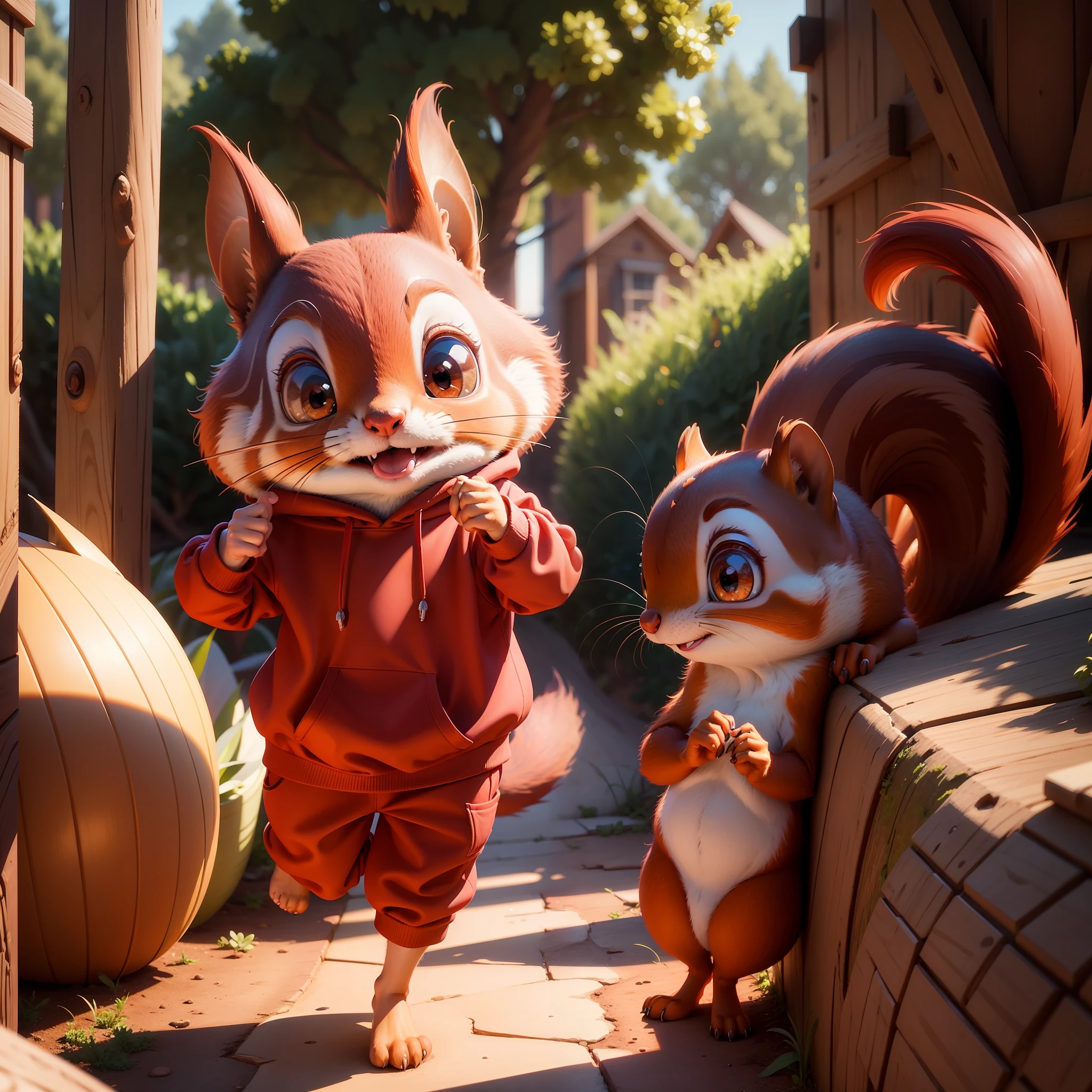 red sweatshirt squirrel 3d image, full body, big eyes, happy, solid color background, pixar, portrait, cute 3d, detailed digital art, stylized 3d rendering, 3d rendered 8k art, beautiful digital painting, disney 3d style, super detailed and cute rendering