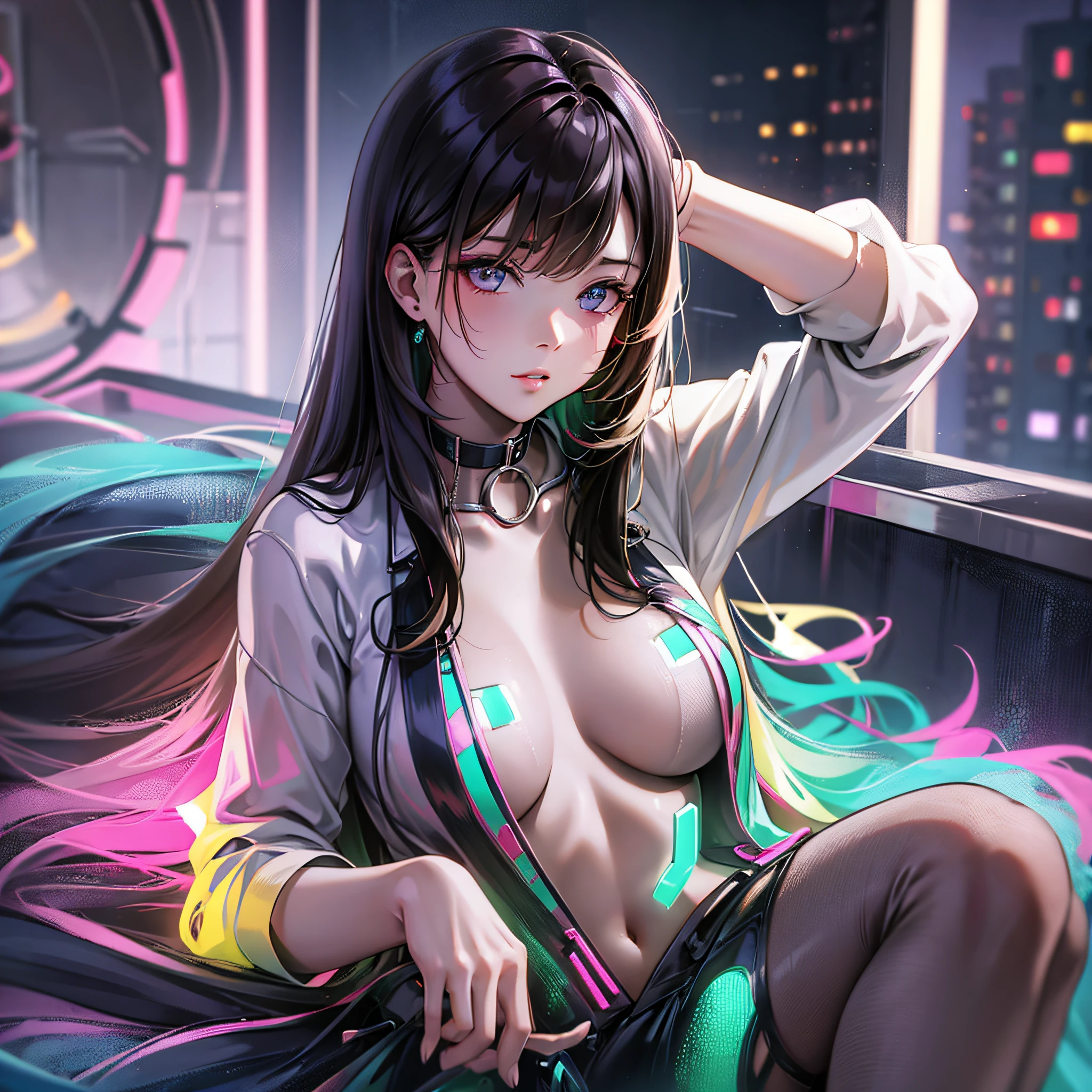 Create a sexy photo brunette straight hair in the bedroom with neon lights --auto --s2
