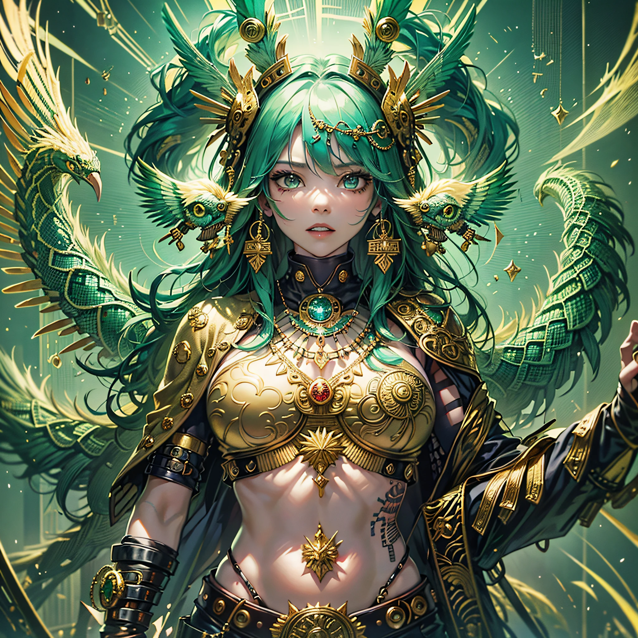Masterpiece, best quality, {best quality}, {{masterpiece}}, {highres}, anime, attractive, exotic, Quetzalcoatl, Kukulkan, Serpent God, feathered serpent, flying feathers, plumage, Aztec, gold, gold, thunder, thunder, claws, sharp teeth, serious, destruction, golden adornments, green and golden clothing --auto --s2