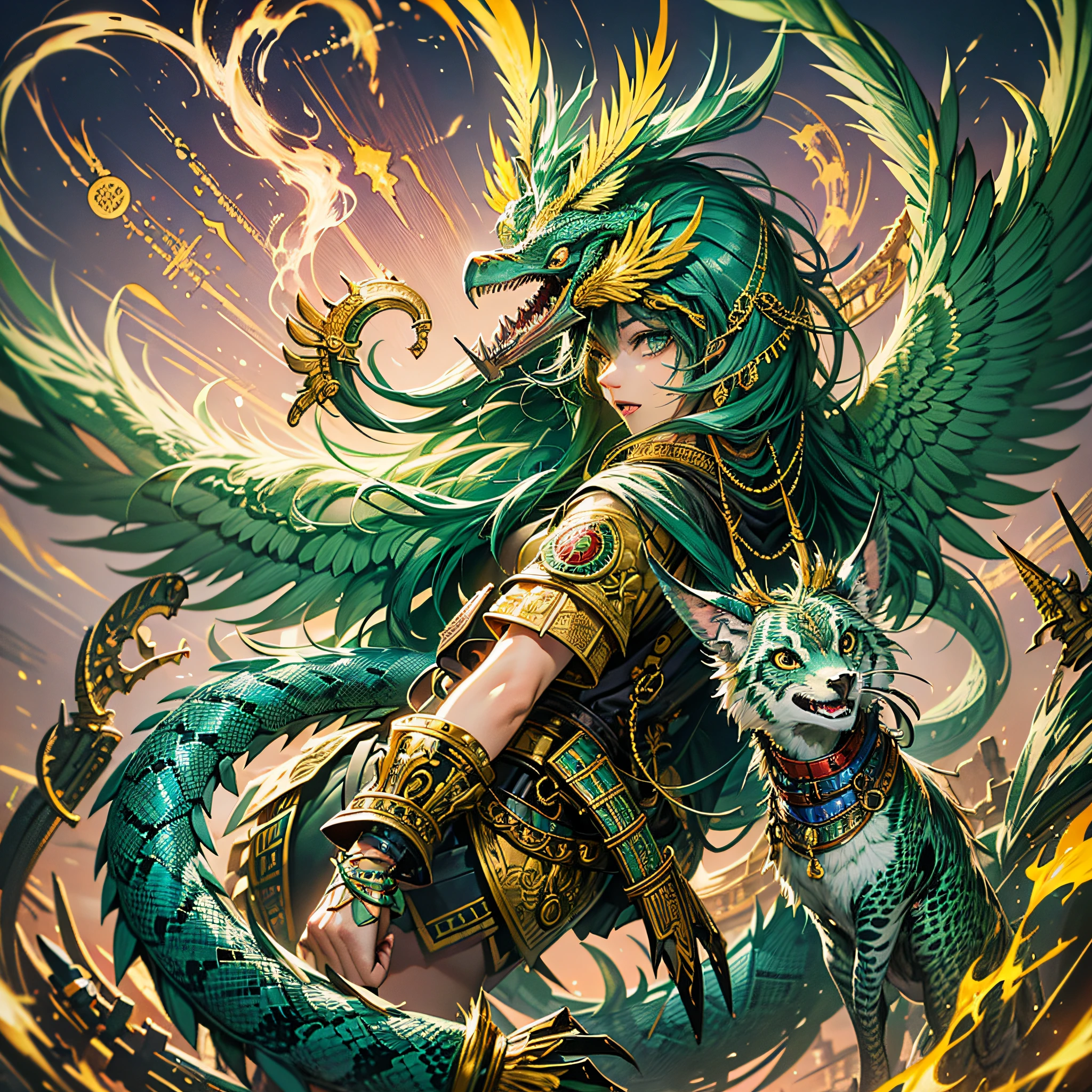 Masterpiece, best quality, {best quality}, {{masterpiece}}, {highres}, anime, attractive, exotic, Quetzalcoatl, Kukulkan, Serpent God, feathered serpent, flying feathers, plumage, Aztec, gold, gold, thunder, thunder, claws, sharp teeth, serious, destruction, golden adornments, green and golden clothing --auto --s2