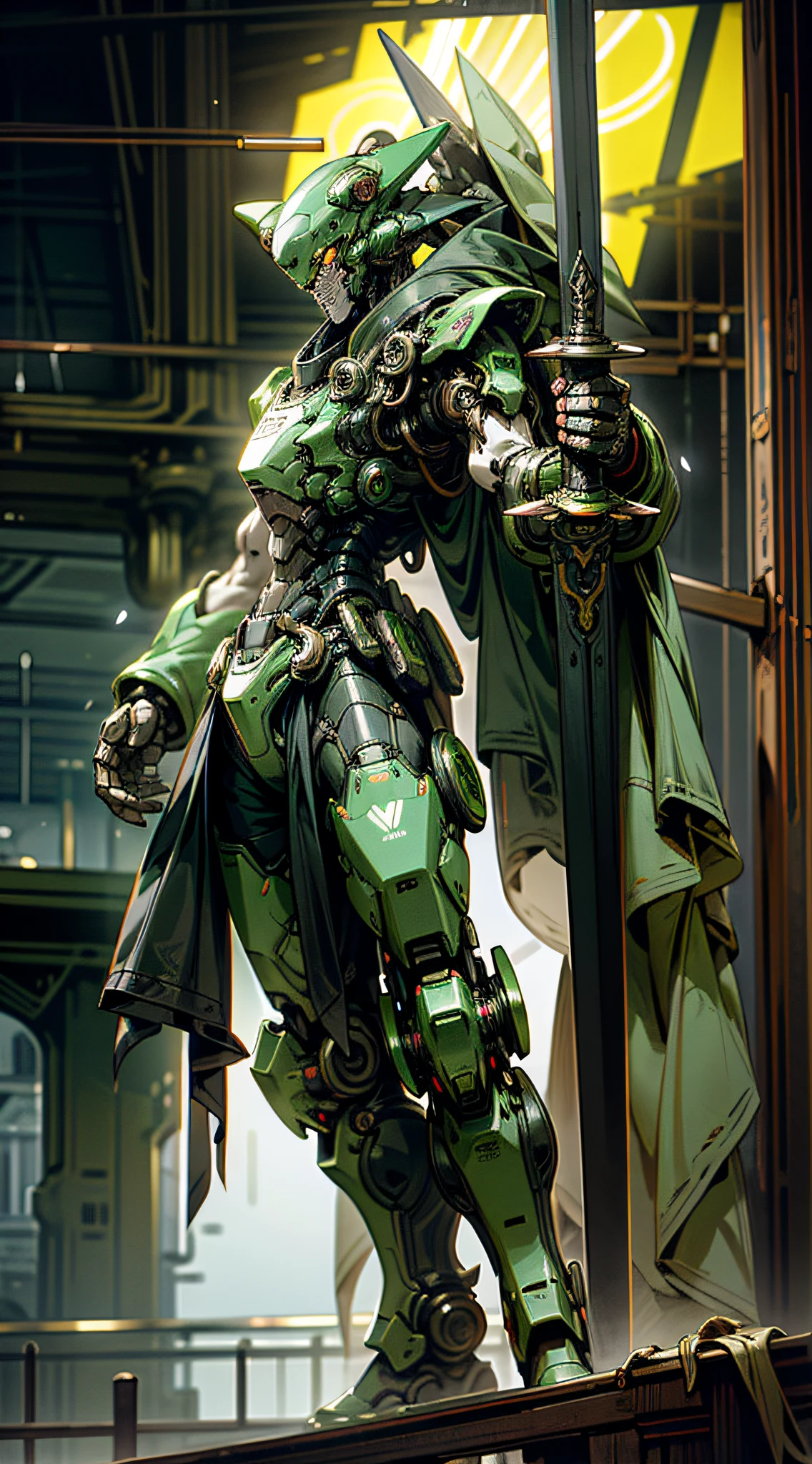 Dark_Fantasy, Cyberpunk, (green:1.1), 1 Panda, Mechanical marvel, Robotic presence, wearing a shabby mech suit, green panda mech, green light, carrying a big sword, big sword, intricate, (steel metal [rusty]), elegant, clear focus, photographed by greg rutkowski, soft lighting, bright colors, masterpiece, dynamic pose, Mecha steaming, steam
