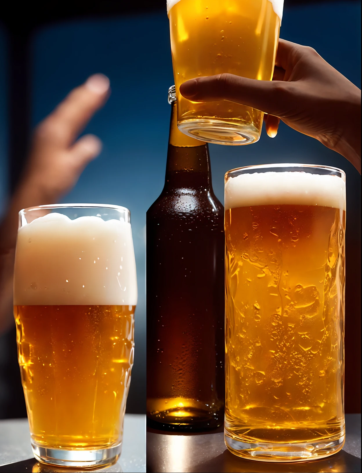 black female hand holding a glass of beer, view from bottom to top with clear sky in the background, natural texture of hand skin, beer bottle and glass, soft light hyper realism, film, studio lighting, detailed bottle, ultra realistic, bokeh, sharp features