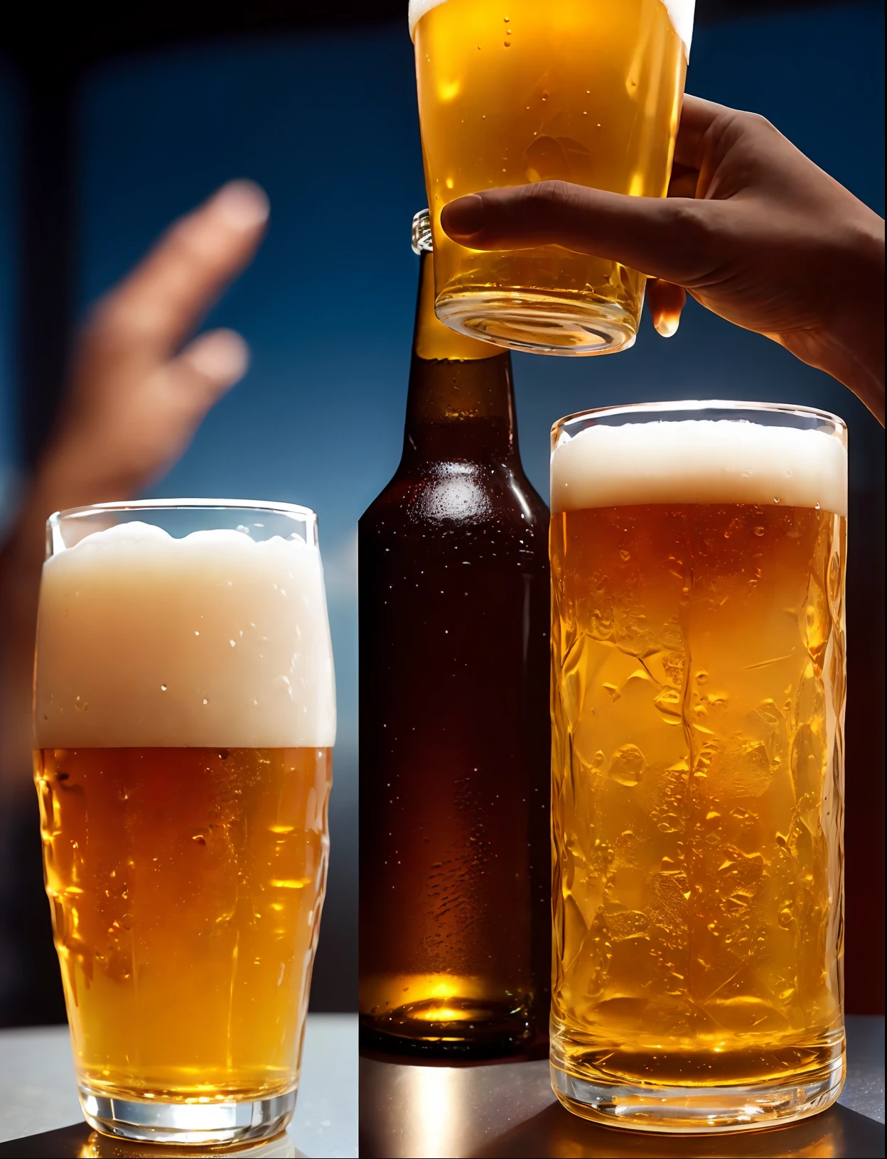 black female hand holding a glass of beer, view from bottom to top with clear sky in the background, natural texture of hand skin, beer bottle and glass, soft light hyper realism, film, studio lighting, detailed bottle, ultra realistic, bokeh, sharp features
