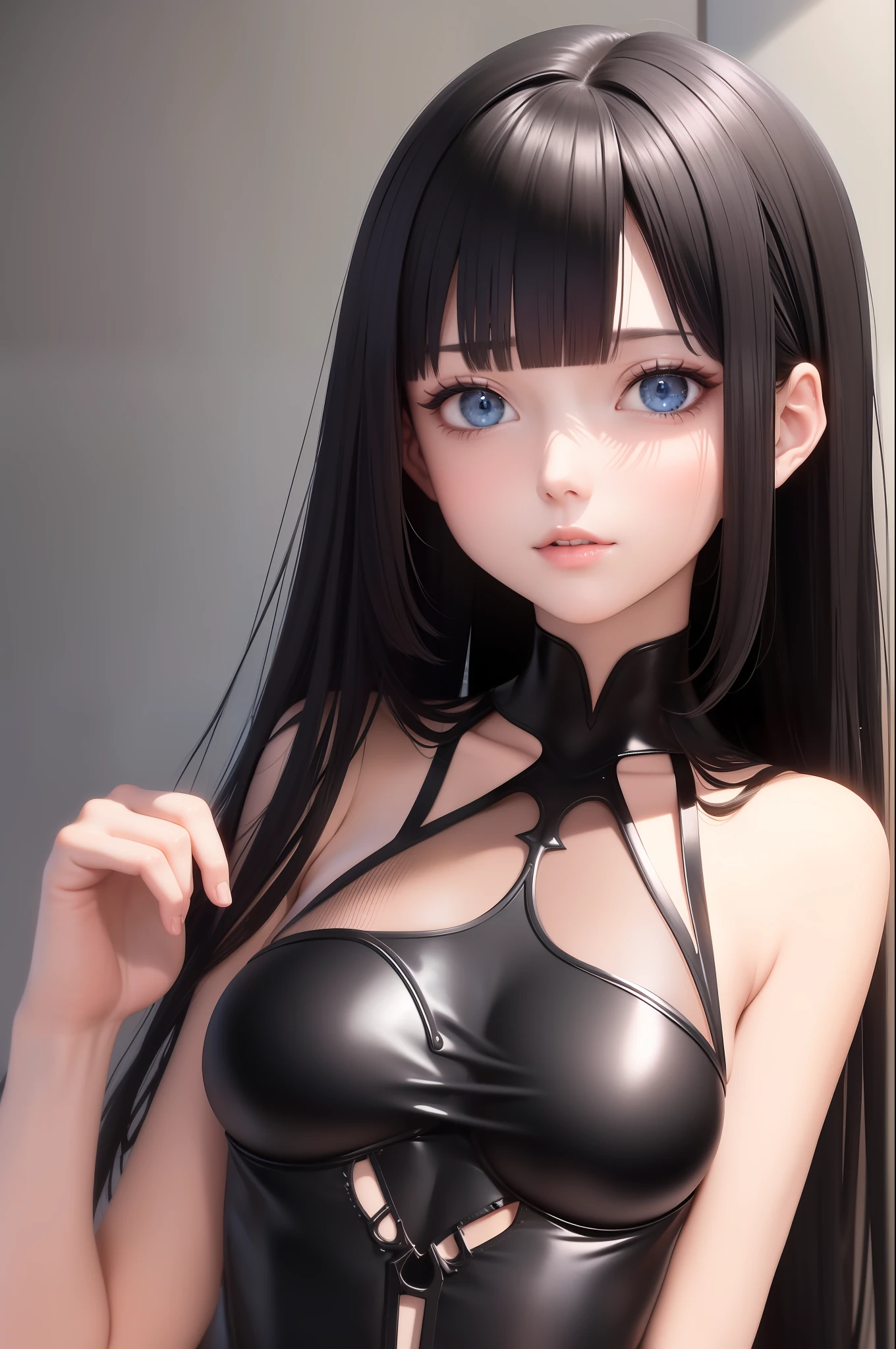 best quality, masterpiece, black hair, blue eyes, looking up, sexy transparent dress, loose dress, bare shoulder, [carefree, NSFW,], carefree, upper body, dominatrix, sexy, well detailed