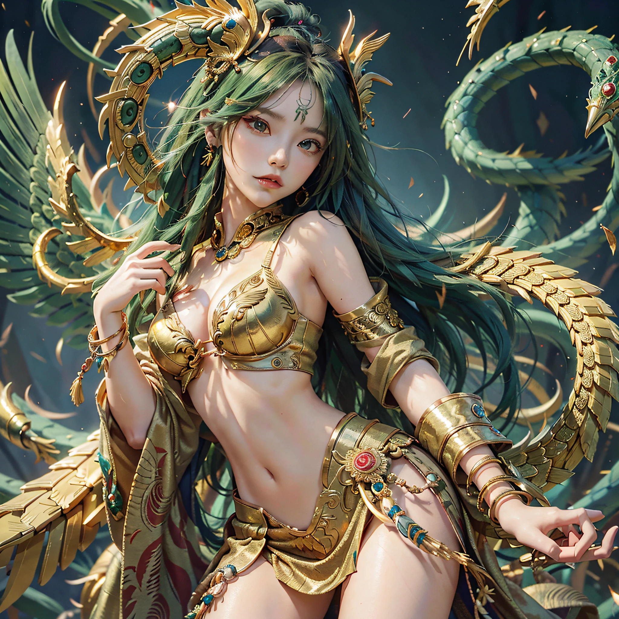 Masterpiece, best quality, {best quality}, {{masterpiece}}, {highres}, anime, attractive, exotic, Quetzalcoatl, Kukulkan, Serpent God, feathered serpent, flying feathers, plumage, Aztec, gold, gold, thunder, thunder, claws, sharp claws, serious, destruction, golden adornments, green and golden clothing, goddess --auto --s2