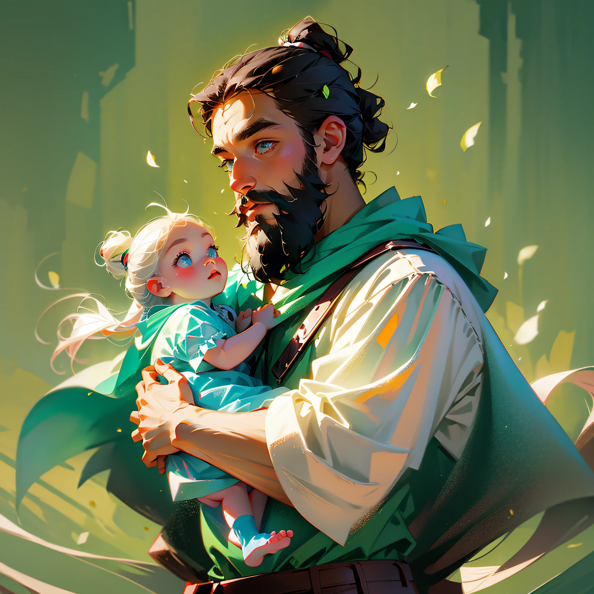 Bearded man holding baby high, seen from the side, both smiling, anime --auto --s2