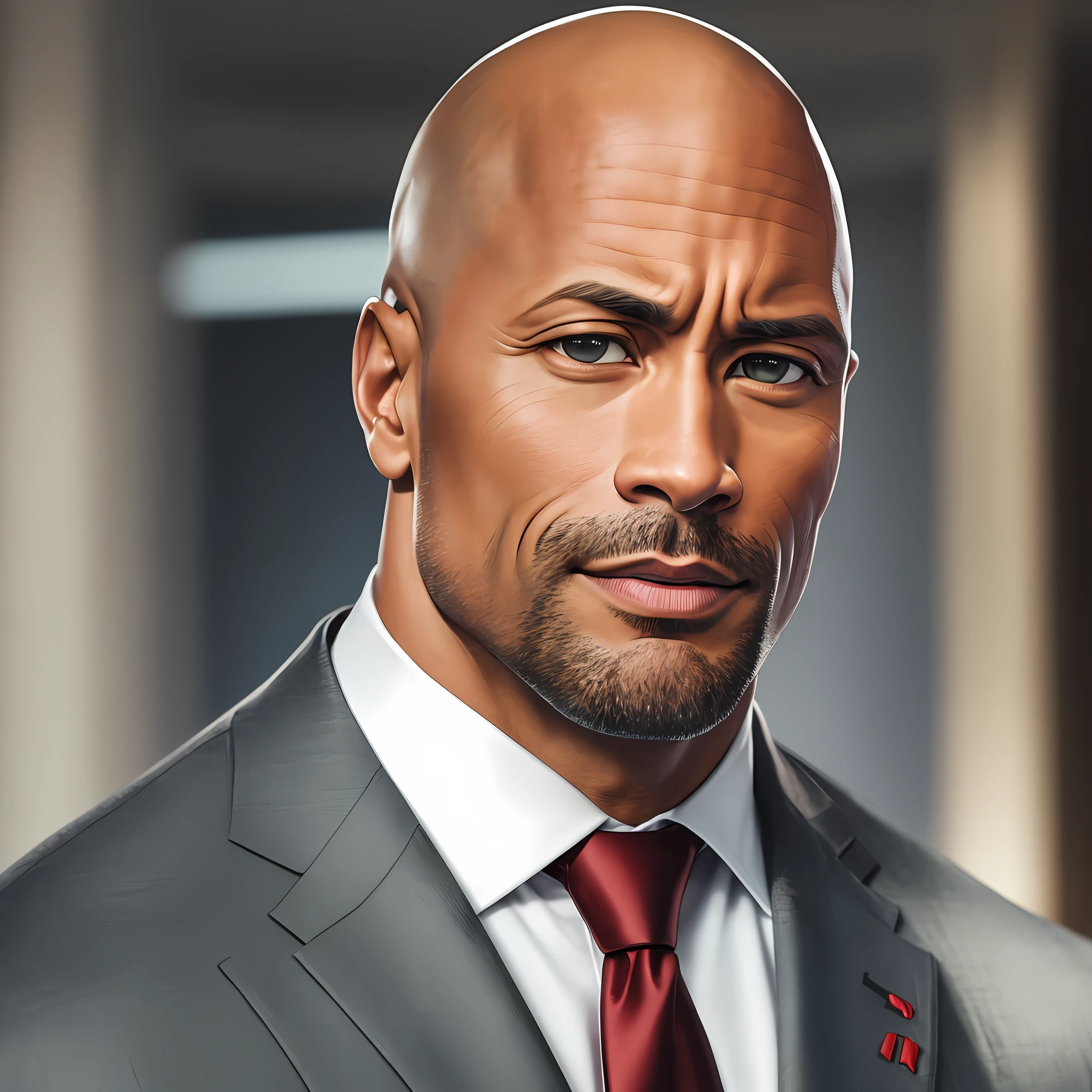 dwayne "the rock" johnson, RAW photo, portrait, bald, no hair, wearing (black suit and red tie: 1.2), realistic, intricate, elegant, highly detailed, depth of field, natural lighting, hard focus, ray tracing, (smile: 1.2), 8k uhd, dslr, soft lighting, high quality, grain of film, Fujifilm XT3 --auto --s2