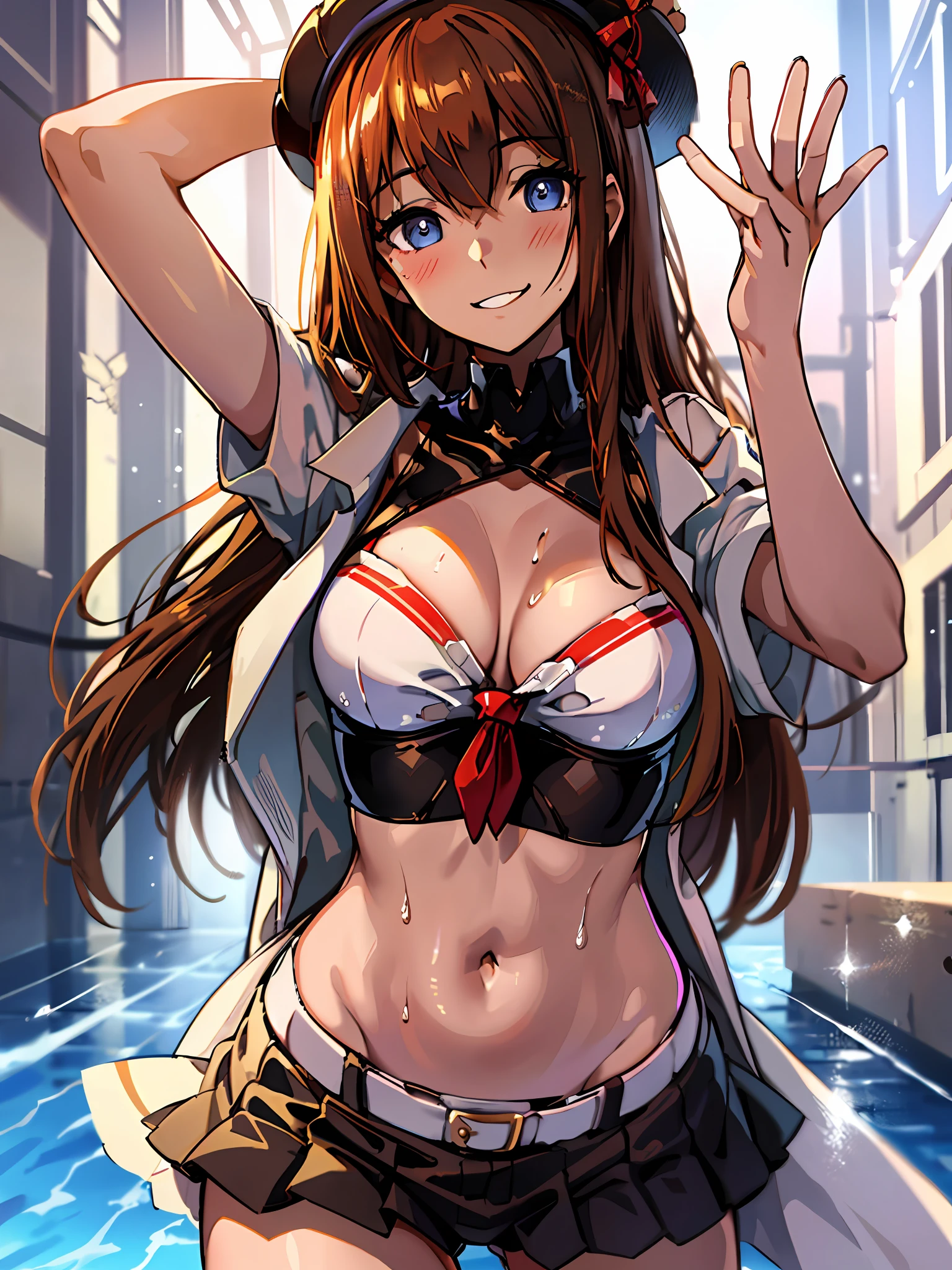 Blonde, Navel, Gal , Blush, Invincible grin, Spooky grin, Erect, (Brown skin:1.2), Big tits, Wet Teka, Photo, Best Quality, Masterpiece: 1.2, (Real, Photorealistic: 1.37), Fine lashes,, Areola visible, Panties, Wet uniform, Schoolgirl, Dark blue pleated skirt, Brown skin, Summer clothes, Wet shirt