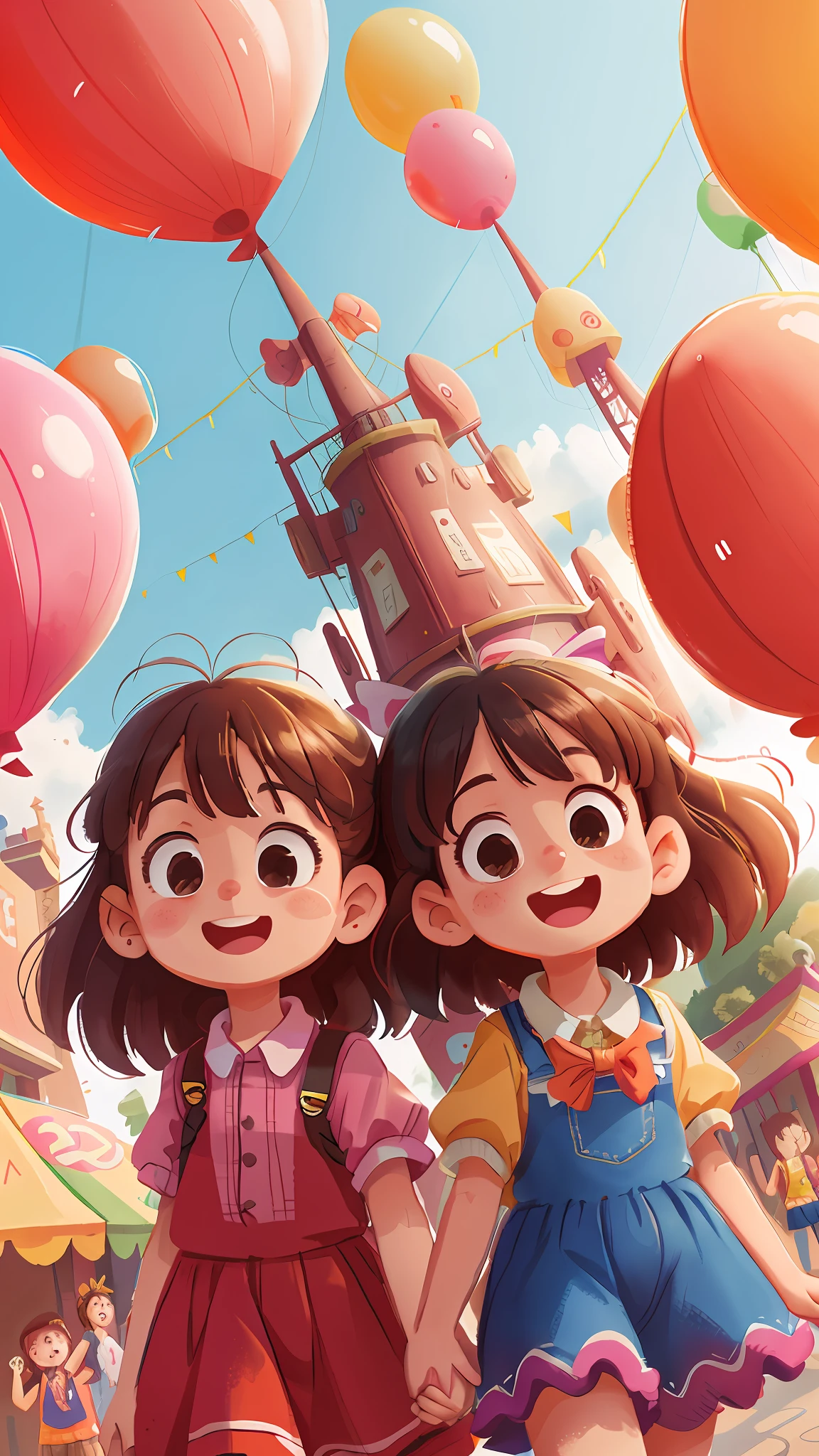 Two girls, amusement park, holding balloons, happy, happy, perfect quality, clear focus (clutter - home: 0.8), (masterpiece: 1.2) (Realistic: 1.2) (Bokeh) (Best quality) (Detailed skin: 1.3) (Intricate details) (8K) (Detail eyes) (Sharp focus), (Happy)