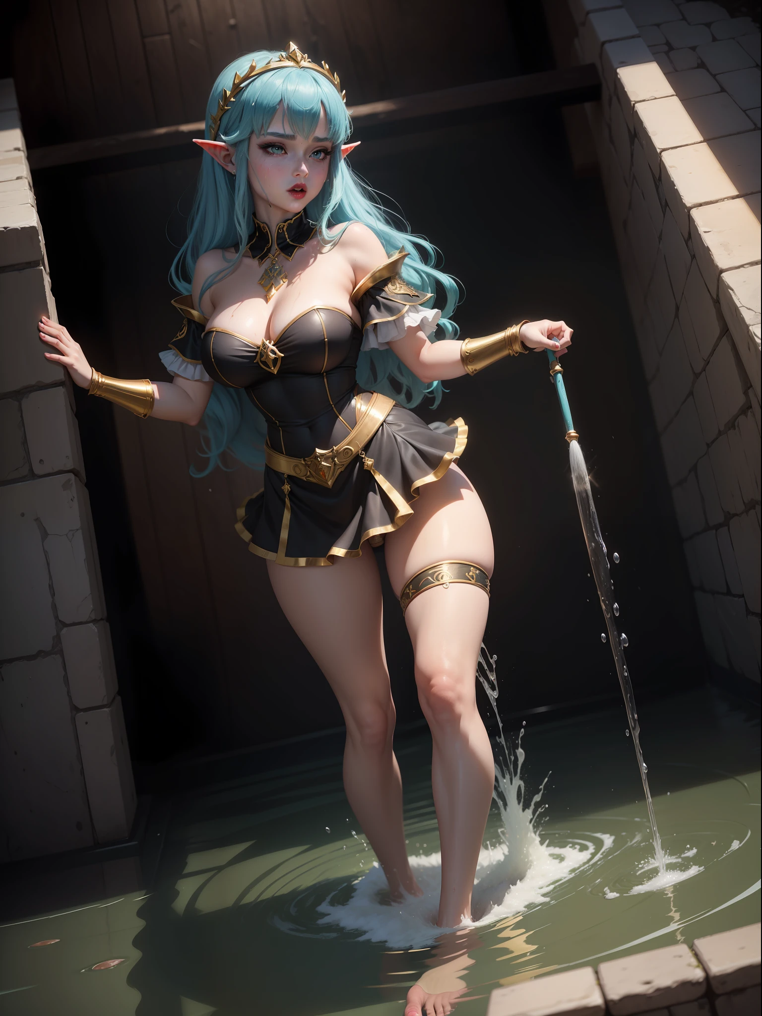 ((full body photo, with feet on the ground, front view)). Princess Zelda, ({large breasts, red cheeks, red lipstick on mouth, looking at viewer}), ({black with gold trim/maid outfit}), she is in a shower dripping water, clothes and hair soaked. Princess Zelda ({blue hair, green eyes}), anime, anime style, motion blur, 16k, high quality, super detail, textured skin, anatomically correct, masterpiece,  masterpiece, masterpiece, UHD, ccurate