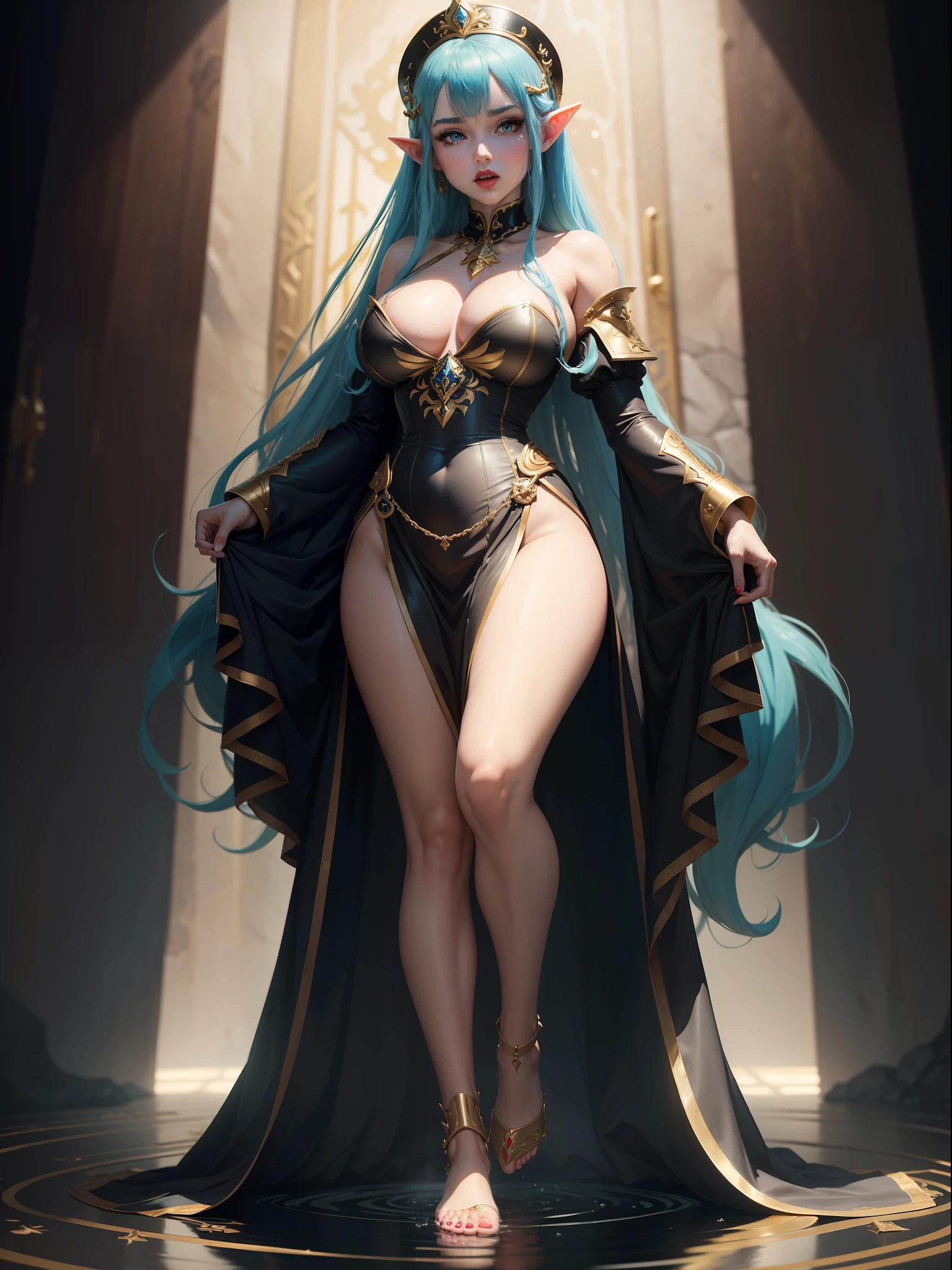 ((full body photo, with feet on the ground, front view)). Princess Zelda, ({large breasts, red cheeks, red lipstick on mouth, looking at viewer}), ({black with gold trim/maid outfit}), she is in a shower dripping water, clothes and hair soaked. Princess Zelda ({blue hair, green eyes}), anime, anime style, motion blur, 16k, high quality, super detail, textured skin, anatomically correct, masterpiece, masterpiece, masterpiece, UHD, ccurate