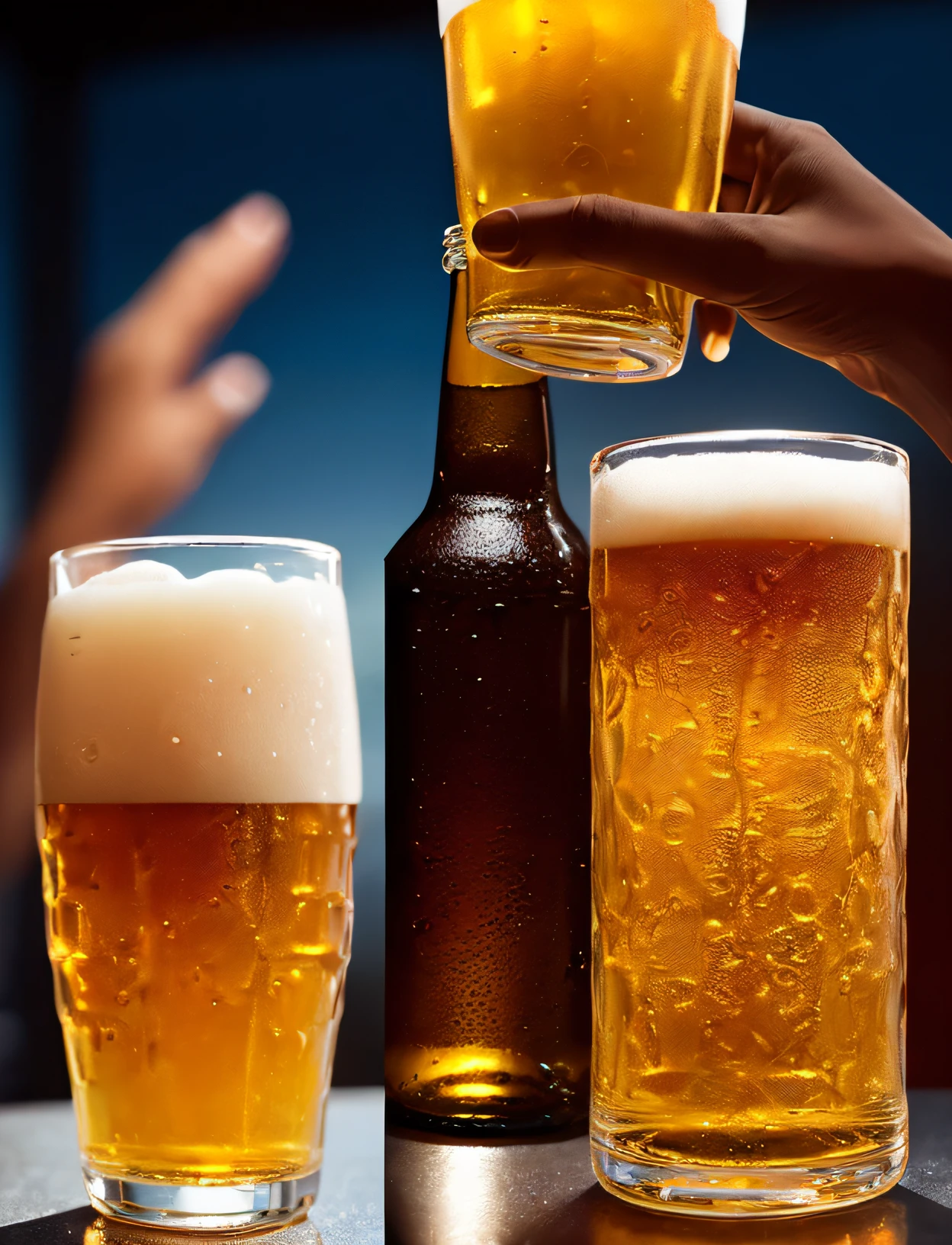 black female hand holding a glass of beer, view from bottom to top with clear sky in the background, natural texture of hand skin, beer bottle and glass, soft light hyper realism, film, studio lighting, detailed bottle, ultra realistic, bokeh, sharp features