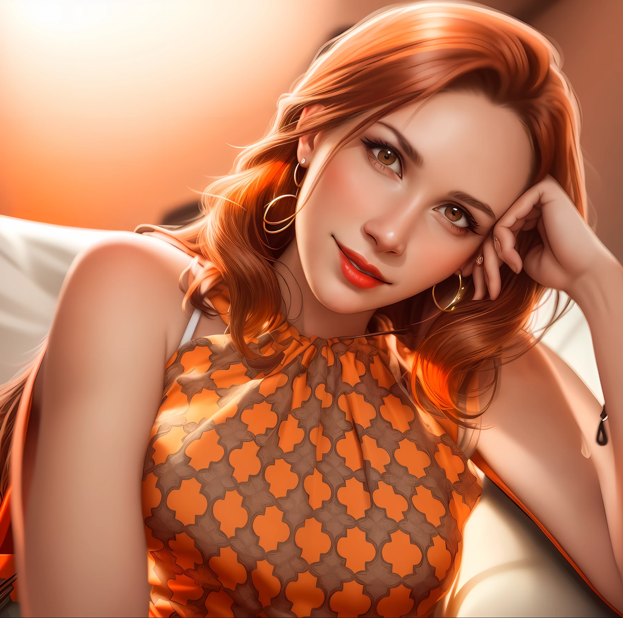 best quality, ultra high res, ultra detailed face and eyes, beautiful girl, 1girl, breasts, solo, medum breasts, hoop earrings, looking at the viewer, lips, indoors, closed mouth, detailed body, detailed clothes, red and orange blouse, photorealistic, detailed background, front, (bra: 1.1), blush, red lipstick, narrow waist, smile, red sofa, grey wall