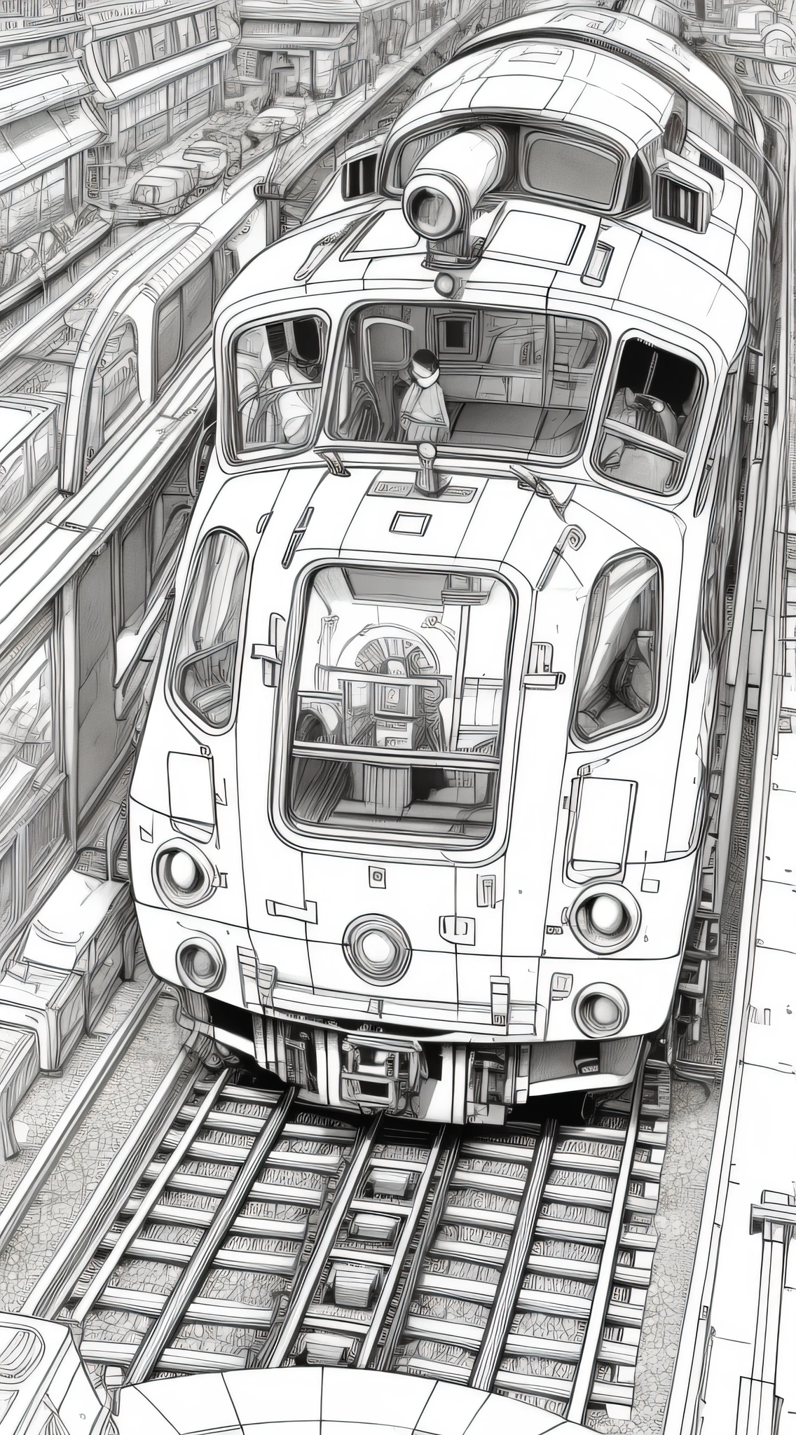 train, coloring book, clean line art, no background, white, black, coloring book, sketchbook, free lines, on paper, A blend of comic book art and lineart full of natural, high-resolution, T-shirt design, stickers, Studio Ghibli style, vector art, fantasy art, Adobe Illustrator, digital painting, low polygon, soft lighting, aerial view, isometric style, retro aesthetics, focusing on people, 8K resolution