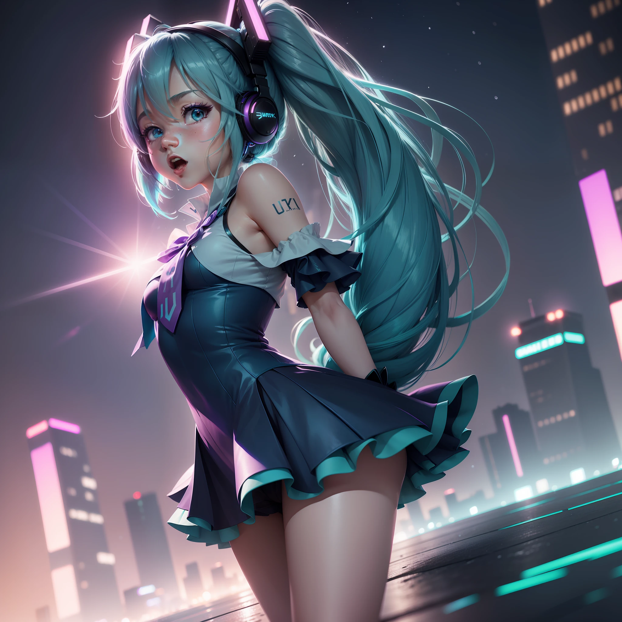 (ultra-detailed CG unity 8k wallpaper, best quality, masterpiece), Hatsune Miku, dynamic pose, singing, twintails + headphone:1.2, purple blue gradient hair, sailor dress, snow, neon lights, cityscape, Volumetric light