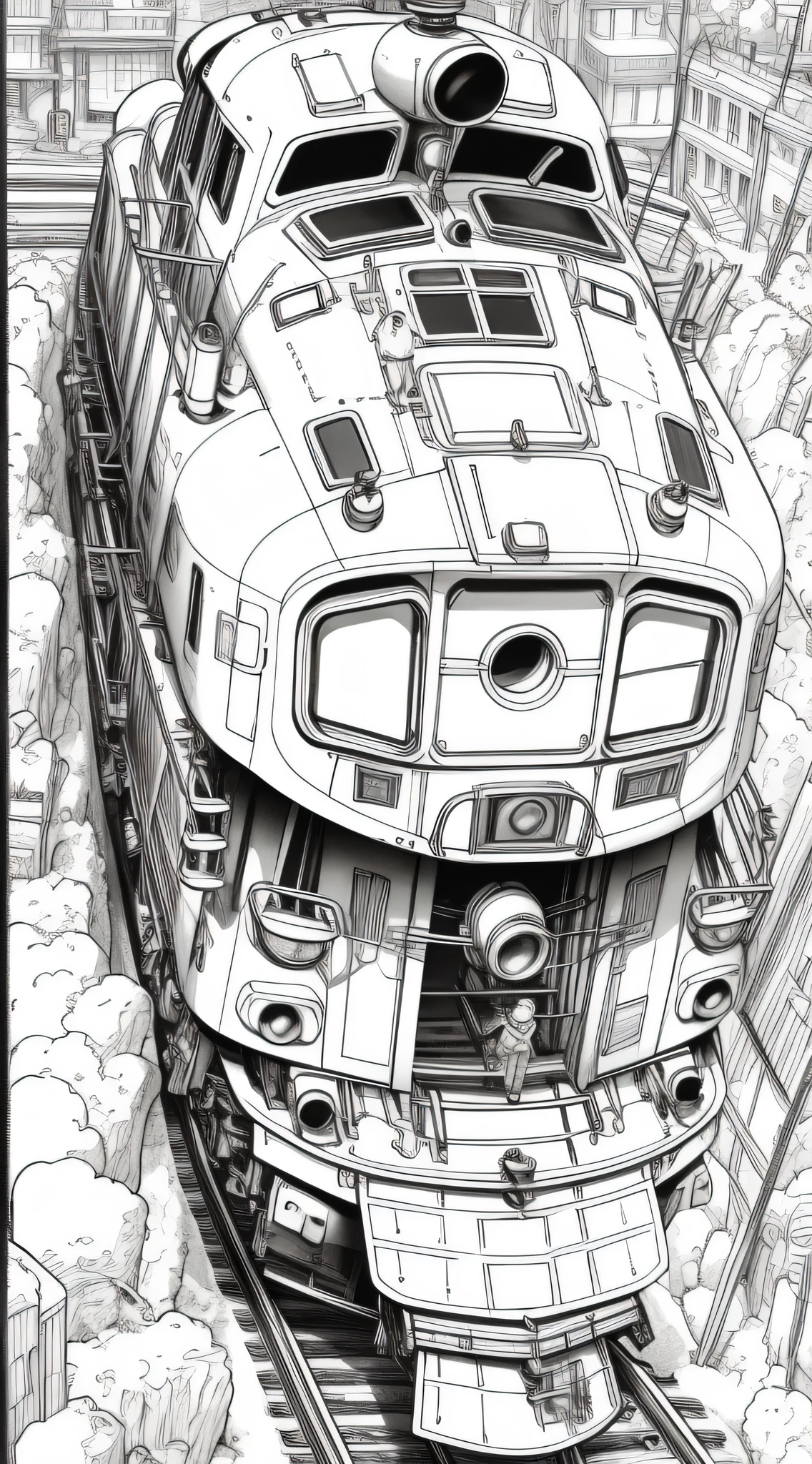 train, coloring book, clean line art, no background, white, black, coloring book, sketchbook, free lines, on paper, A blend of comic book art and lineart full of natural, high-resolution, T-shirt design, stickers, Studio Ghibli style, vector art, fantasy art, Adobe Illustrator, digital painting, low polygon, soft lighting, aerial view, isometric style, retro aesthetics, focusing on people, 8K resolution