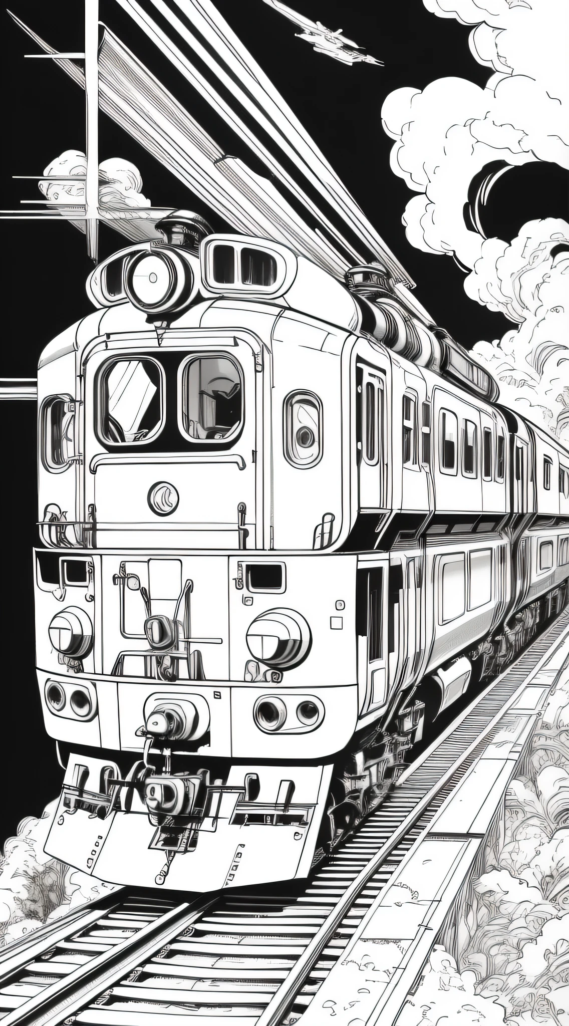 train, coloring book, clean line art, no background, white, black, coloring book, sketchbook, free lines, on paper, A blend of comic book art and lineart full of natural, high-resolution, T-shirt design, stickers, Studio Ghibli style, vector art, fantasy art, Adobe Illustrator, digital painting, low polygon, soft lighting, aerial view, isometric style, retro aesthetics, focusing on people, 8K resolution