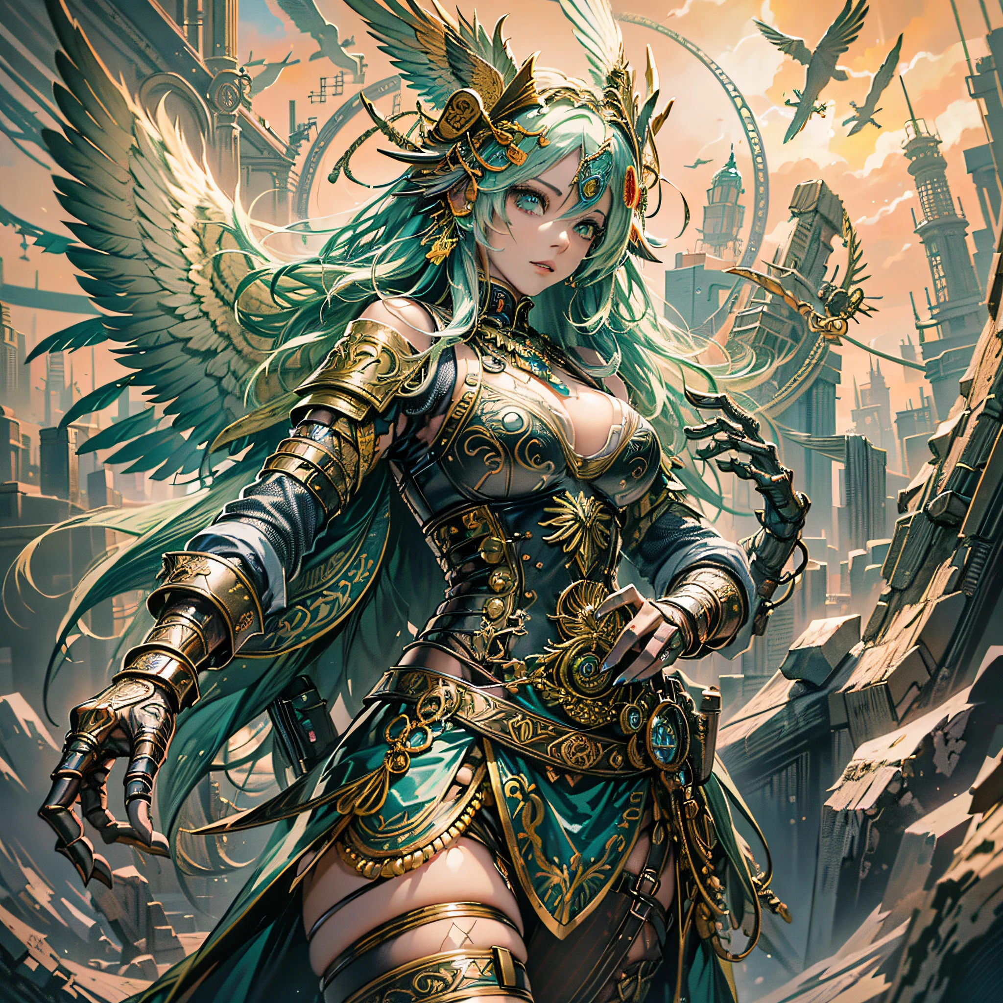 Masterpiece, best quality, {best quality}, {{masterpiece}}, {highres}, anime, attractive, exotic, Quetzalcoatl, Kukulkan, Serpent God, feathered serpent, flying feathers, plumage, Aztec, gold, gold, Anime - style illustration of a woman with wings and a golden halo, anime fantasy illustration, mystical atlantean valkyrie, as a mystical valkyrie, mystical valkyrie, detailed 2D digital fantasy art, anime fantasy art, avian warrior, highly detailed official art, epic fantasy digital art style, mechanized valkyrie girl, goddess. Extremely high detail, steampunk angel, epic anime art --auto --s2