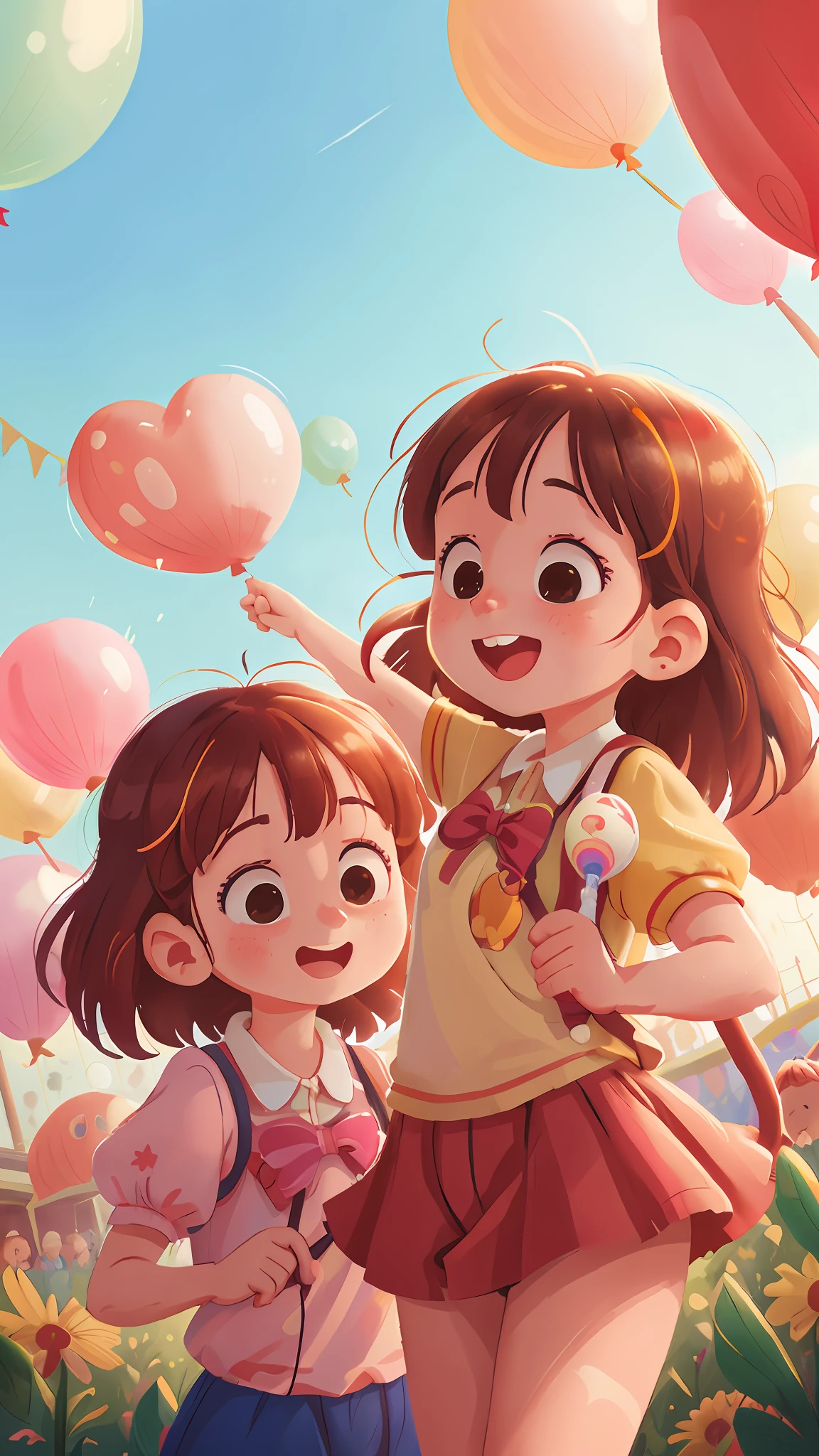 Two girls, amusement park, holding balloons, happy, happy, perfect quality, clear focus (clutter - home: 0.8), (masterpiece: 1.2) (Realistic: 1.2) (Bokeh) (Best quality) (Detailed skin: 1.3) (Intricate details) (8K) (Detail eyes) (Sharp focus), (Happy)