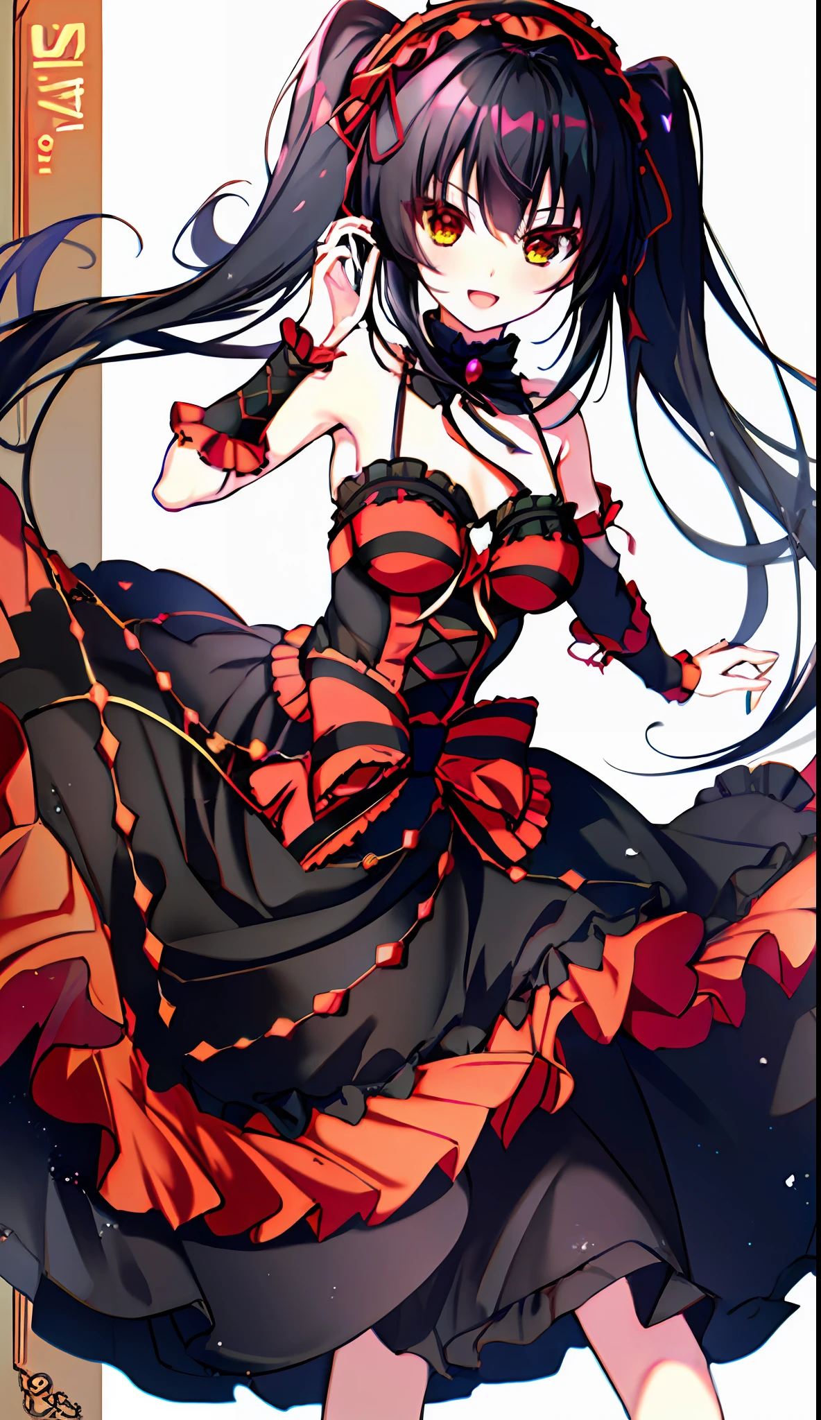18-year-old beautiful girl, (masterpiece)))), (((highest quality)))), ((very detailed)))), 1 girl, detailed fingers, odd-eyed, black-haired twin-tailed, kurumi Tokizaki,