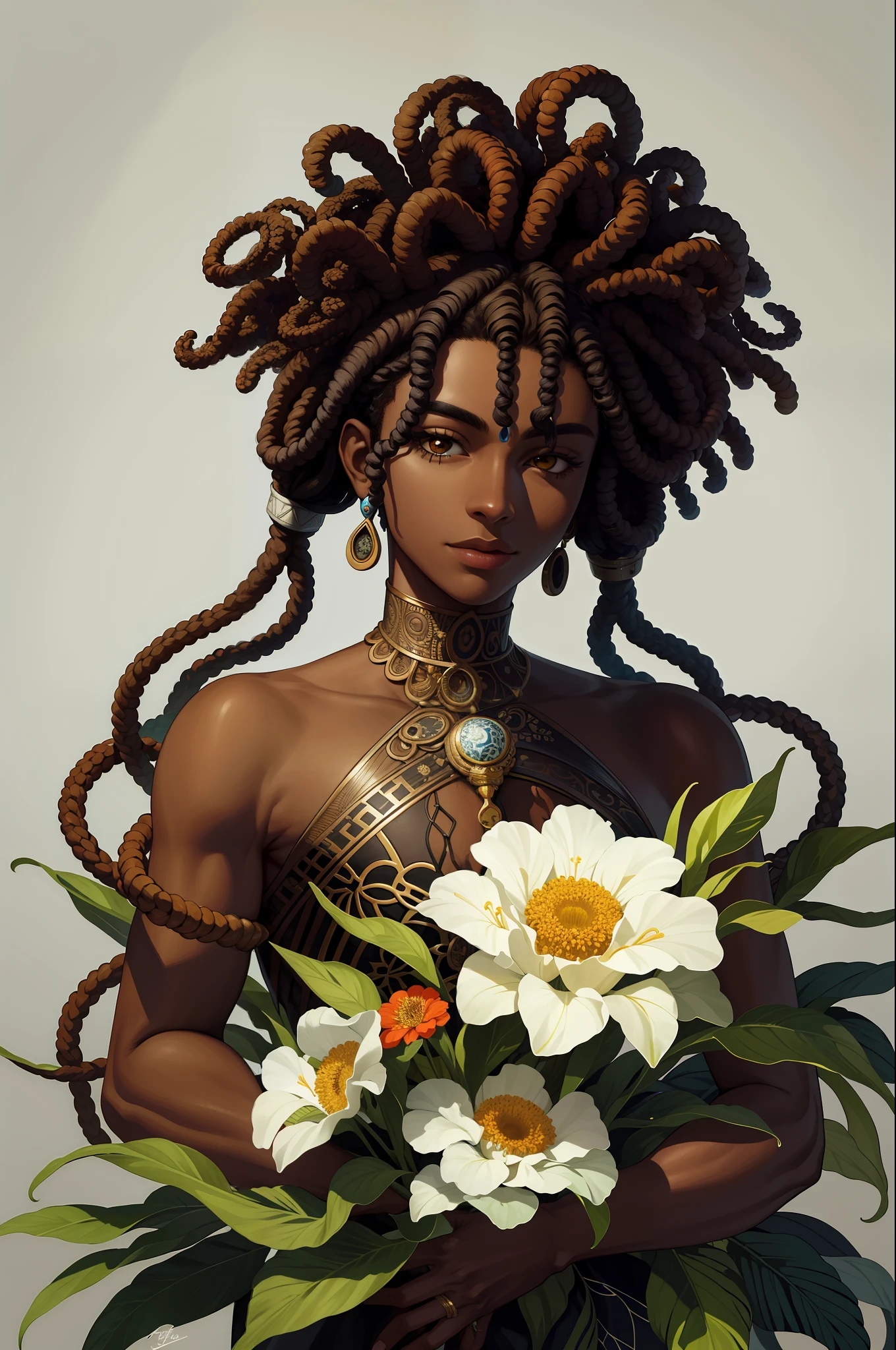 (masterpiece, best quality, high resolution: 1.4), detailed, intricate details, 4K, color splashes, line art, art, fibonacci, God of flowers, playful, very detailed, black skin, afro hair in the style dreads in white color