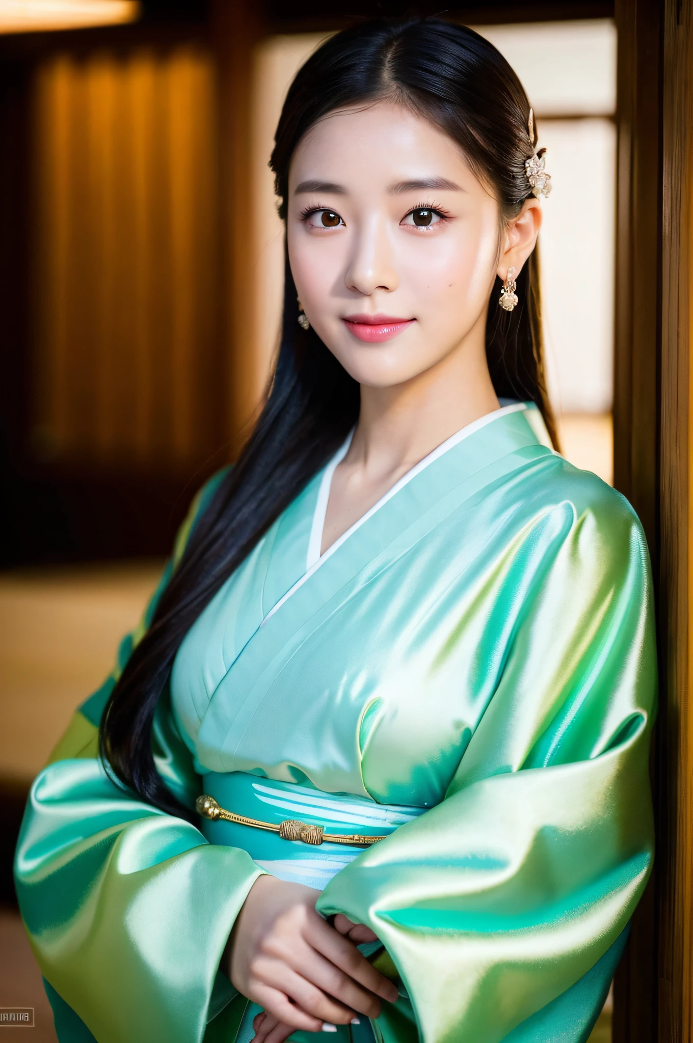 ((Top Quality, 8K, Masterpiece: 1.3)), Sharp Focus: 1.2, (Korean Cute Actress No.1), Realistic Photo (Shiny Skin), Realistic Photo, Black Hair, Wear Kimono, Realistic Pupil, Movie Lighting, Highly Detailed Eyes and Face, Movie Lighting, Smile