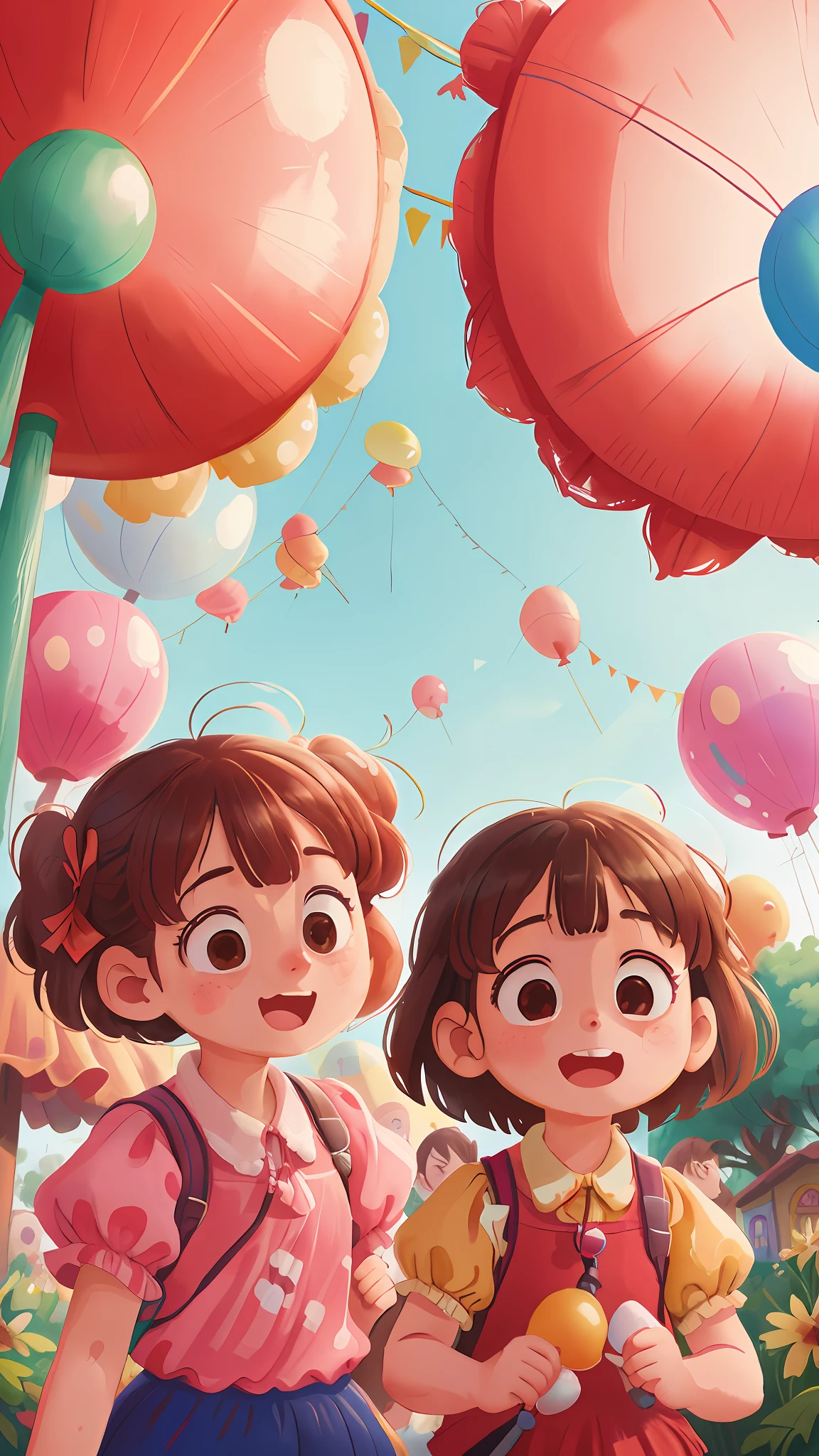 Two girls, amusement park, holding balloons, happy, happy, perfect quality, clear focus (clutter - home: 0.8), (masterpiece: 1.2) (Realistic: 1.2) (Bokeh) (Best quality) (Detailed skin: 1.3) (Intricate details) (8K) (Detail eyes) (Sharp focus), (Happy)