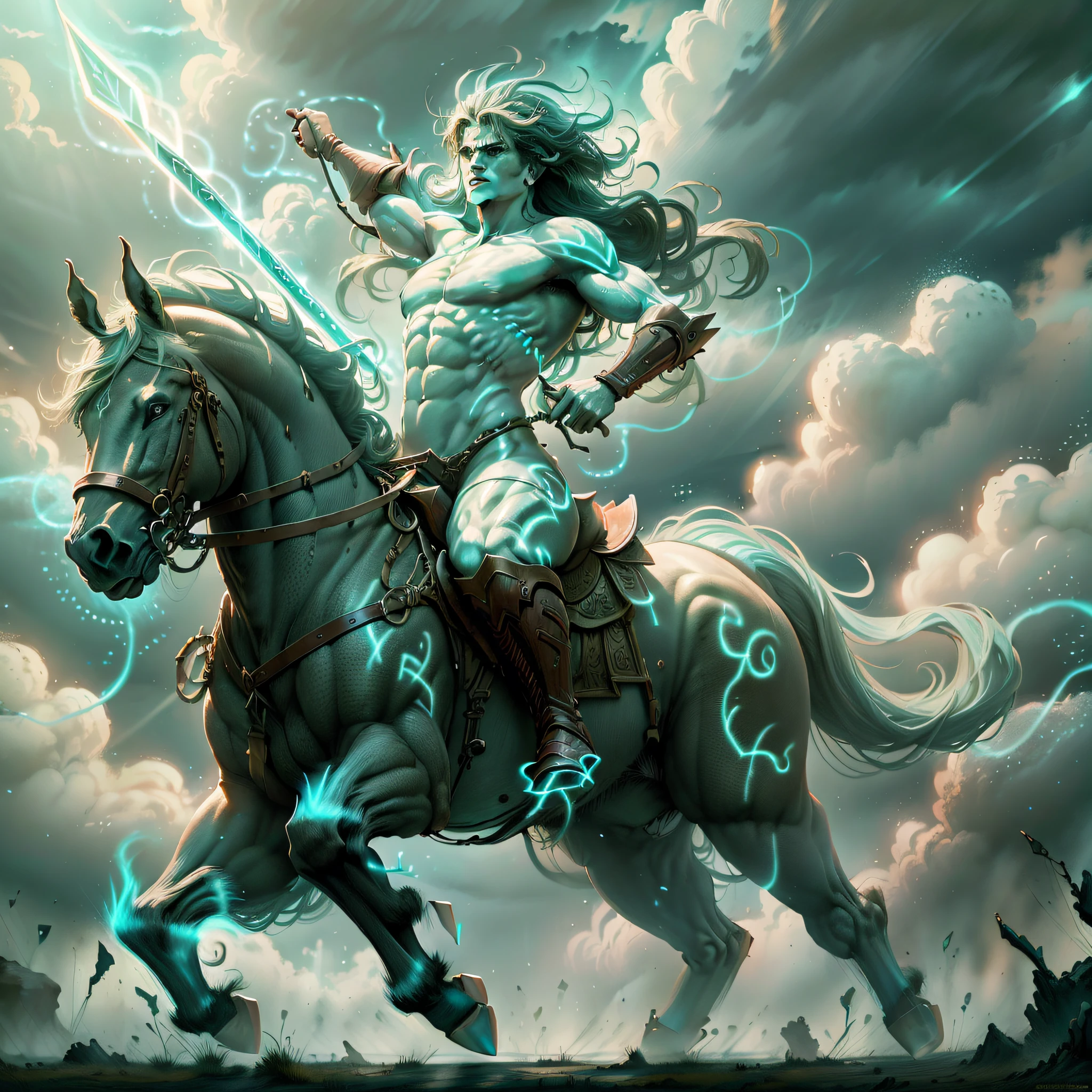 Centaur fighting in an epic battle with an impressive cinematic setting. The centaur is wielding a sword and shooting arrows at invisible enemies. The sky is full of dramatic clouds and piercing rays of sunshine. Lush vegetation frames the scene, providing a vibrant contrast to the grim ambience of the battle. The diffused light highlights the powerful muscles of the centaur, while raindrops fall around it, creating an intense and dynamic atmosphere.