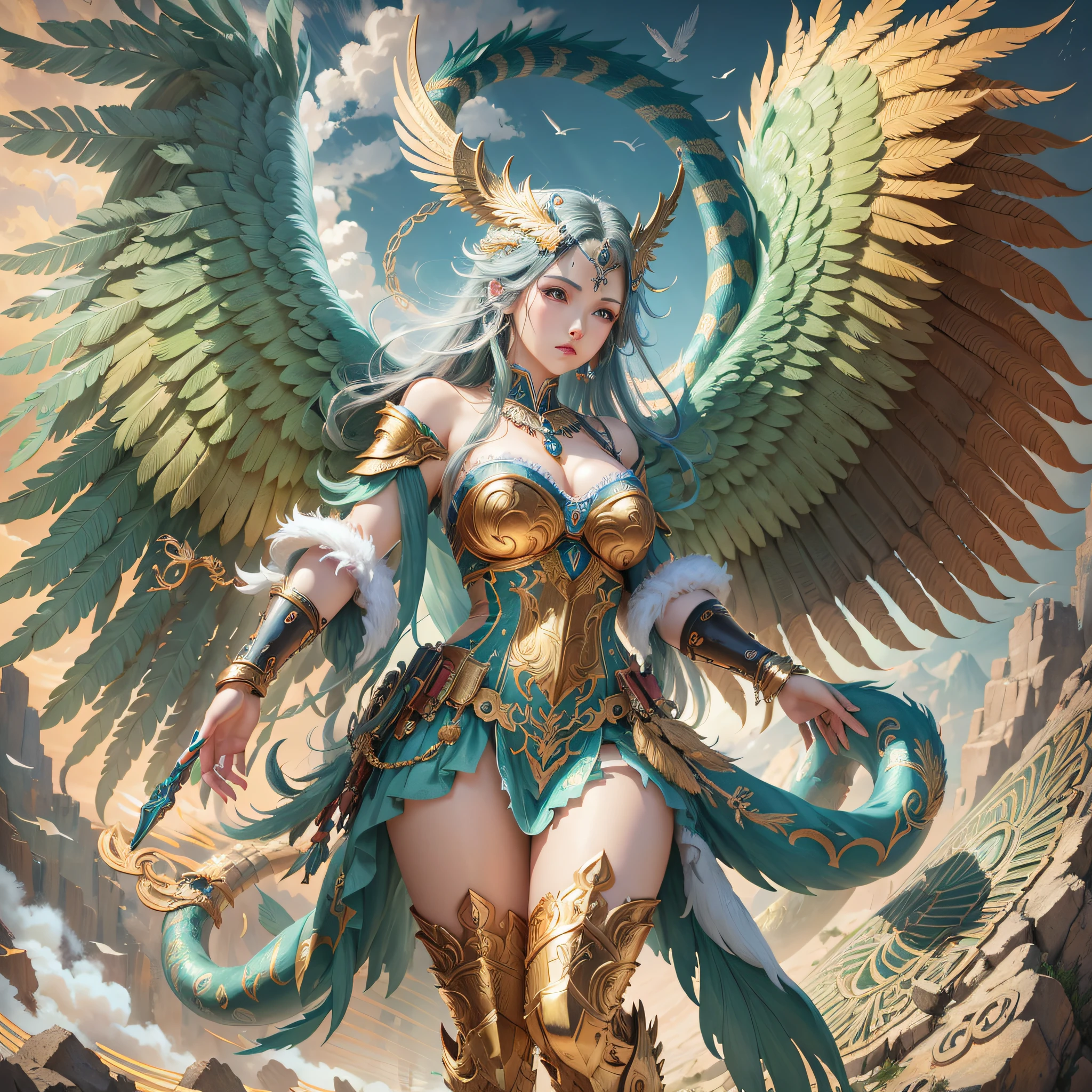 Masterpiece, best quality, {best quality}, {{masterpiece}}, {highres}, anime, attractive, exotic, Quetzalcoatl, Kukulkan, Serpent God, feathered serpent, flying feathers, plumage, Aztec, gold, gold, Anime - style illustration of a woman with wings and a golden halo, anime fantasy illustration, mystical atlantean valkyrie, as a mystical valkyrie, mystical valkyrie, detailed 2D digital fantasy art, anime fantasy art,  avian warrior, highly detailed official art, epic fantasy digital art style, mechanized valkyrie girl, goddess. Extremely high detail, epic anime art --auto --s2