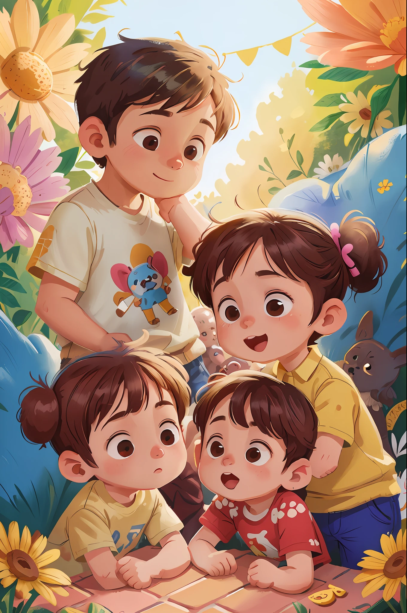 2 boys 2 girls siblings Kids backyard with dog posing bright sunny day (Clutter-Home: 0.8), (Masterpiece: 1.2) (Realistic:1.2) (Bokeh) (Best Quality) (Detailed skin: 1.3) (Intricate Details) (8K) (Detail Eyes) (Sharp Focus), (Happy)