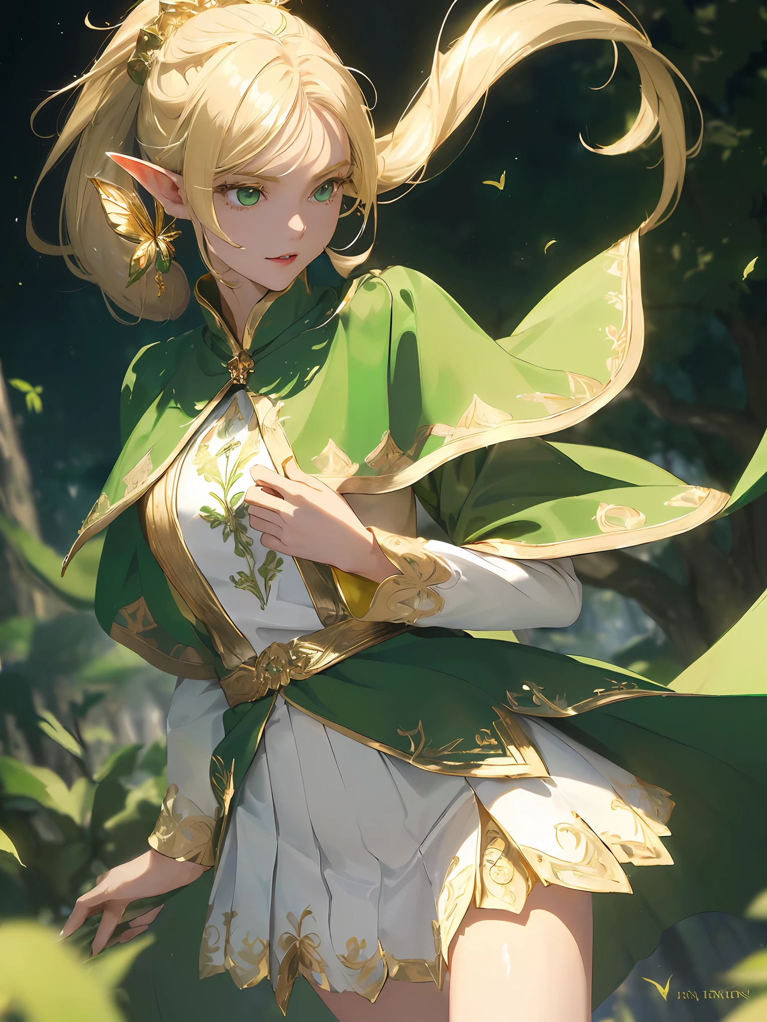 (((Masterpiece, highest quality, high definition, high detail)))), ((Fantasy))), one, (Elf woman)))), (short white skirt with gold embroidery), (Blonde long straight ponytail), (Glossy dark green eyes), (Green surcoat embroidered with gold), (Green cape with golden embroidery), Big, ( ( Put your hands on your chest))), ((sing)), tilt your head, (breeze), a lot of glowing butterflies flying