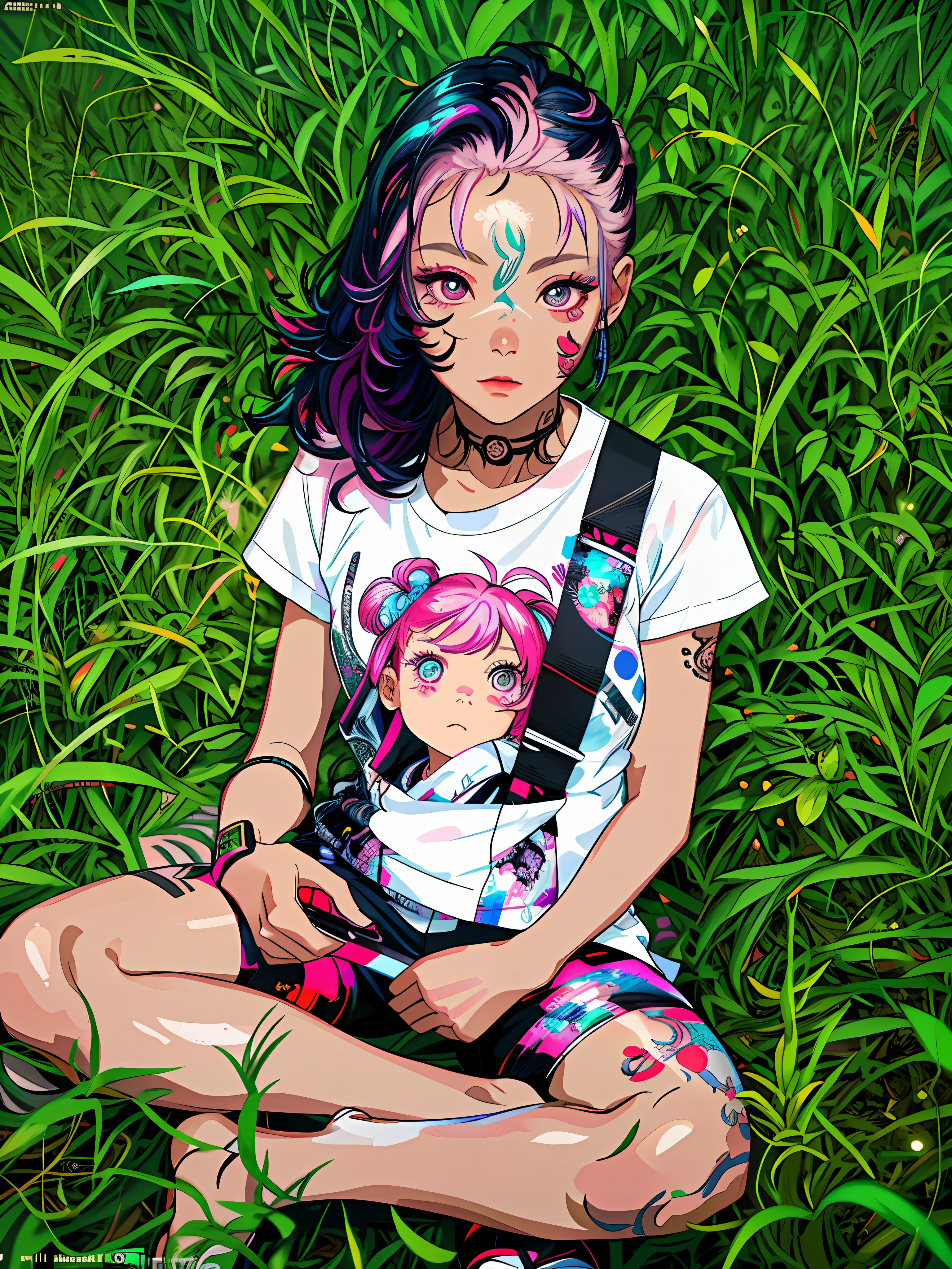 masterpiece, best quality, ultra-detailed, texture, detail eyes,8k, 1girl, Sukuna, a girl with pink hair,wearing a white haori, tattoo_ryoumen, tattoo_on_his_face, looking at viewer,close up shot, detailed eyes, detailed face, (masterpiece:1.4),(best quality:1.4),(shiny skin),realistic, bright, neon lights, night, midnight, city, cyberpunk, light , highest quality digital art, official art for jjk