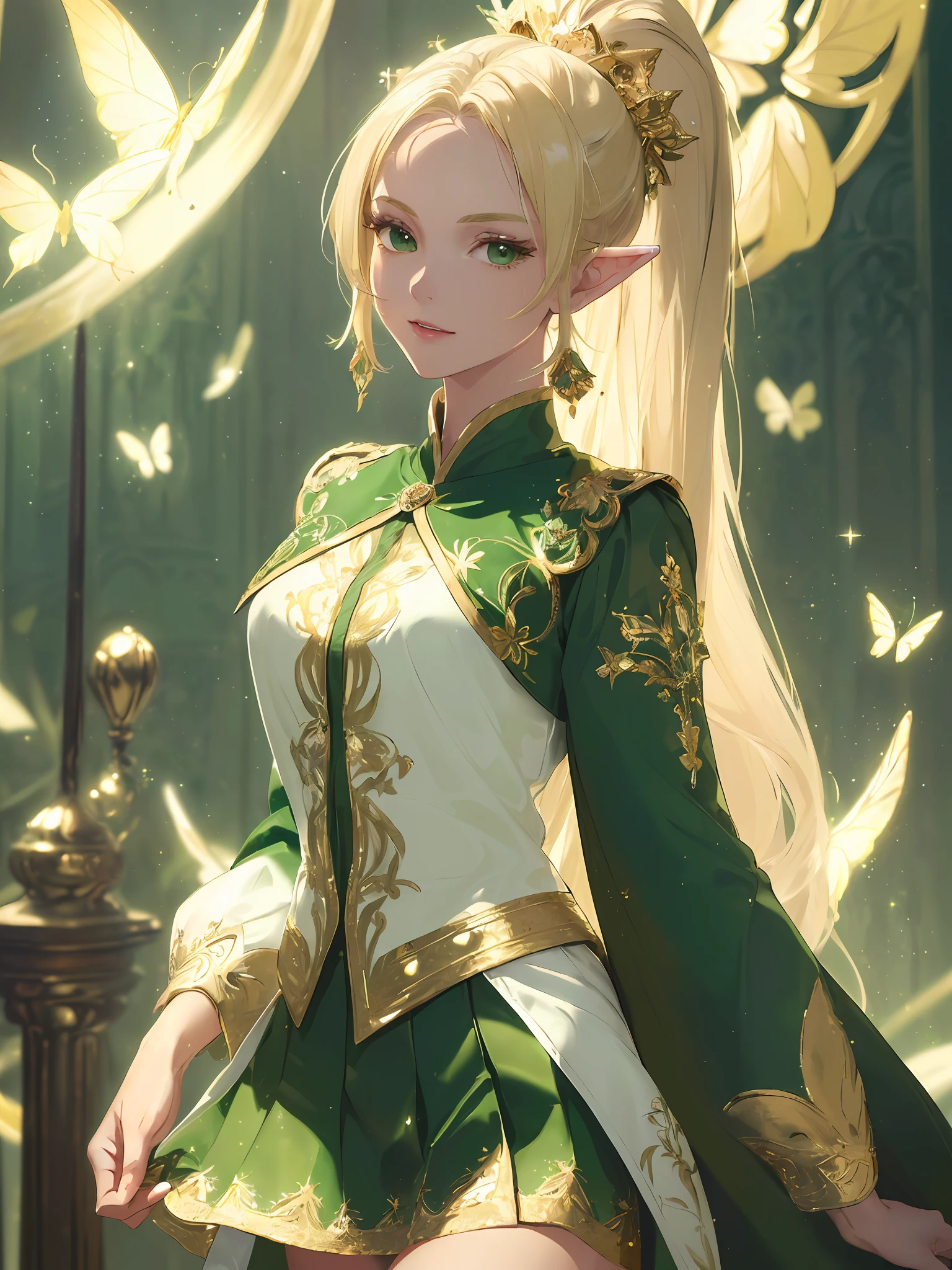 (((Masterpiece, highest quality, high definition, high detail)))), ((Fantasy))), one, (Elf woman)))), (short white skirt with gold embroidery), (Blonde long straight ponytail), (Glossy dark green eyes), (Green surcoat embroidered with gold), (Green cape with golden embroidery), Big, ( ( Put your hands on your chest))), ((sing)), tilt your head, (breeze), a lot of glowing butterflies flying