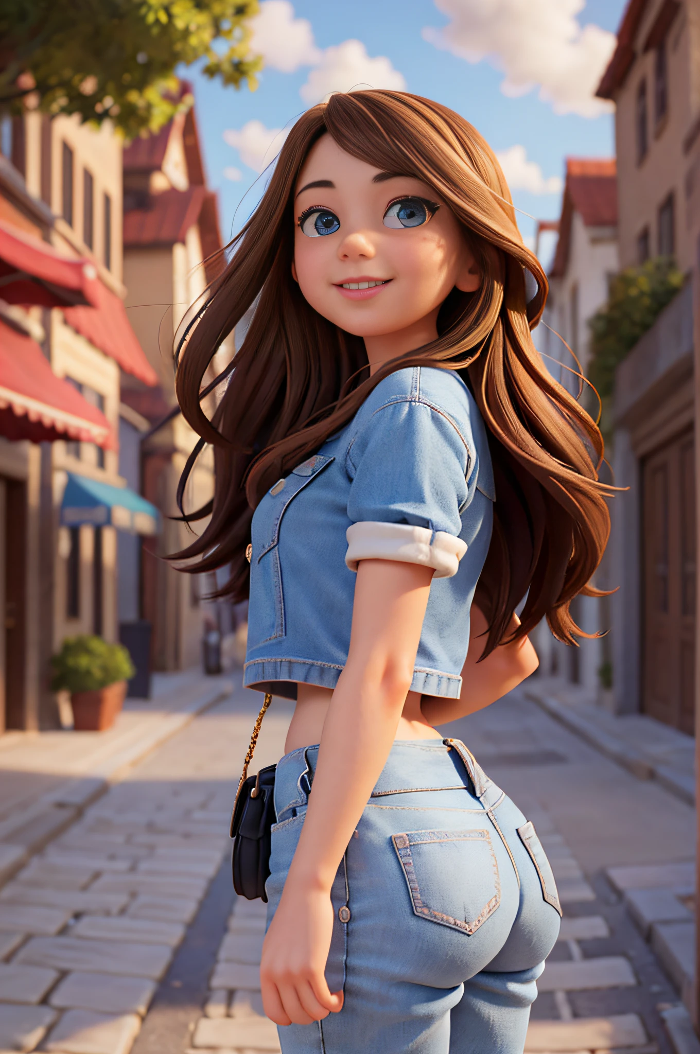 a professional movie photograph of, masterpiece, high quality, best quality,1girl, brown hair, blue sky, cloud, cloudy sky, day, long hair, wide hips, fat ass, looking back over, cityscape, cobblestone_street, black t-shirt, yong female, smiling, outdoors, jeans, sky, solo, sunlight, tree, (best quality:1.2), (ultra-detailed:1.2), (beautiful detailed eyes:1.1), exquisite detail, sharp-focus, intricately-detailed, award-winning photograph, small-catchlight, low-contrast, high-sharpness, facial-symmetry, depth-of-field, cinematic background, unreal engine render, center image, dream-like, softly lit, intimate
