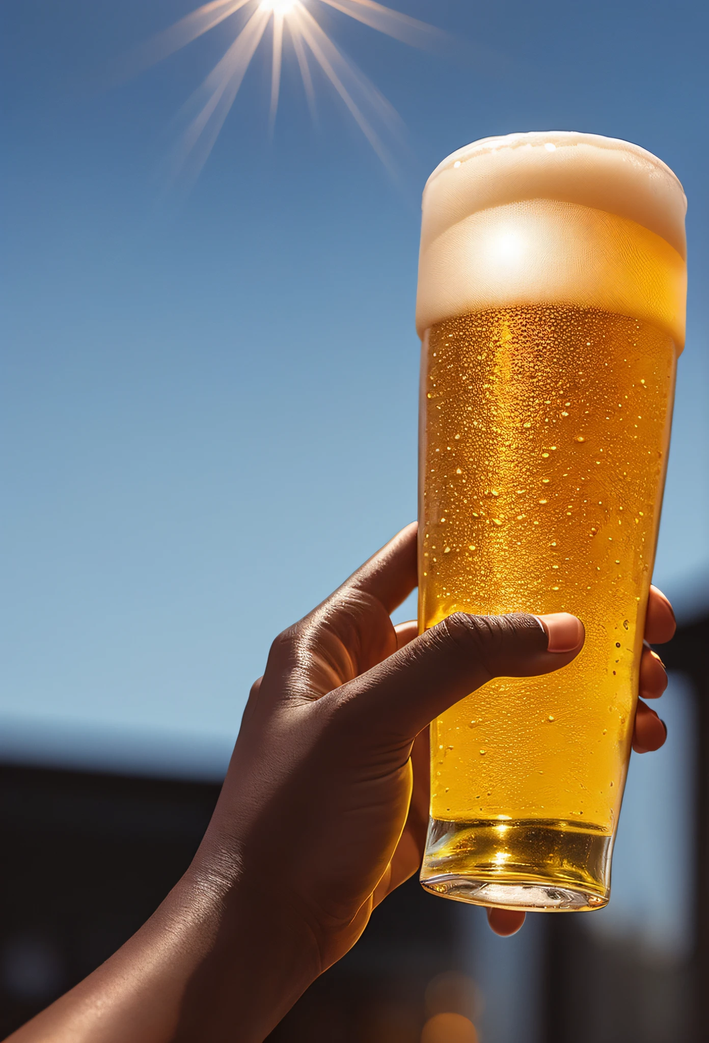 black woman hand holding a glass of beer in the air, view from bottom to top with clear sky in the background, natural texture of hand skin, beer bottle and glass, hyper realism soft light, film, studio lighting, detailed bottle, ultra realistic, bokeh, sharp features