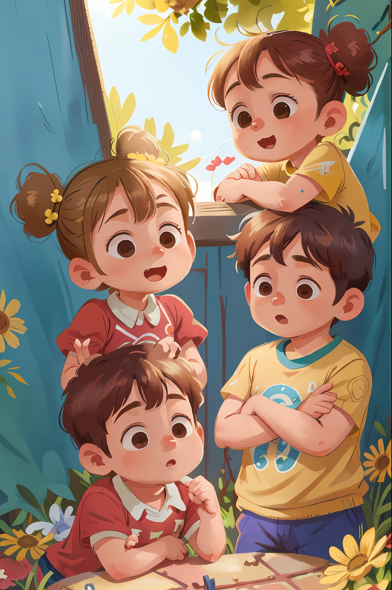 2 boys 2 girls siblings Kids backyard with dog posing bright sunny day (Clutter-Home: 0.8), (Masterpiece: 1.2) (Realistic:1.2) (Bokeh) (Best Quality) (Detailed skin: 1.3) (Intricate Details) (8K) (Detail Eyes) (Sharp Focus), (Happy)