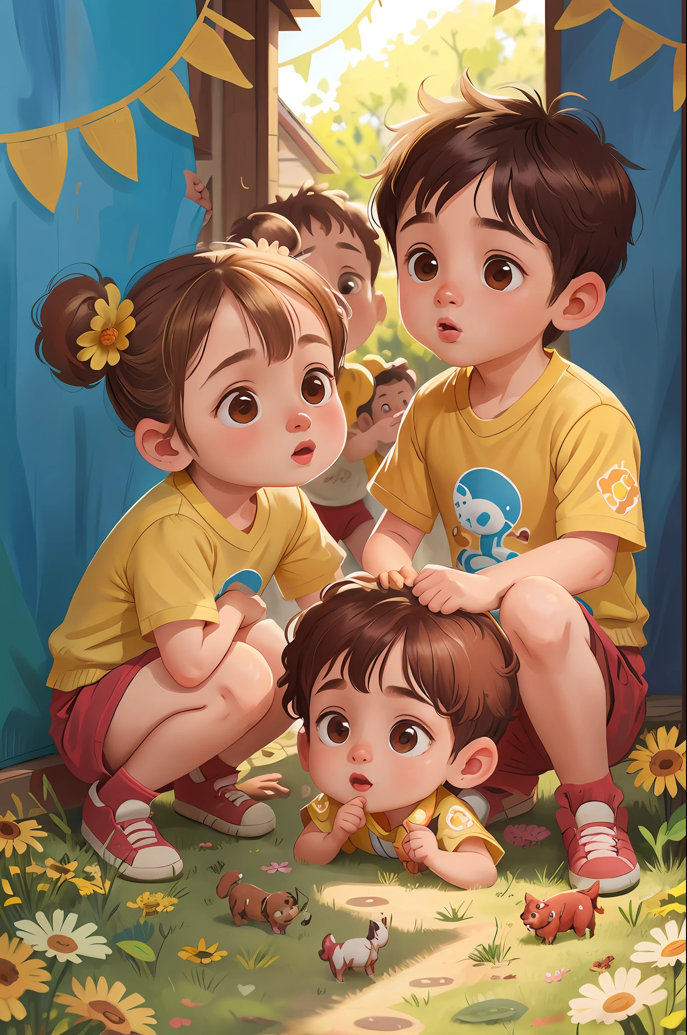 2boys 2girls siblings child backyard with dogs posing bright sunny day (Clutter-Home:0.8), (masterpiece:1.2) (photorealistic:1.2) (bokeh) (best quality) (detailed skin:1.3) (intricate details) (8k) (detailed eyes) (sharp focus)