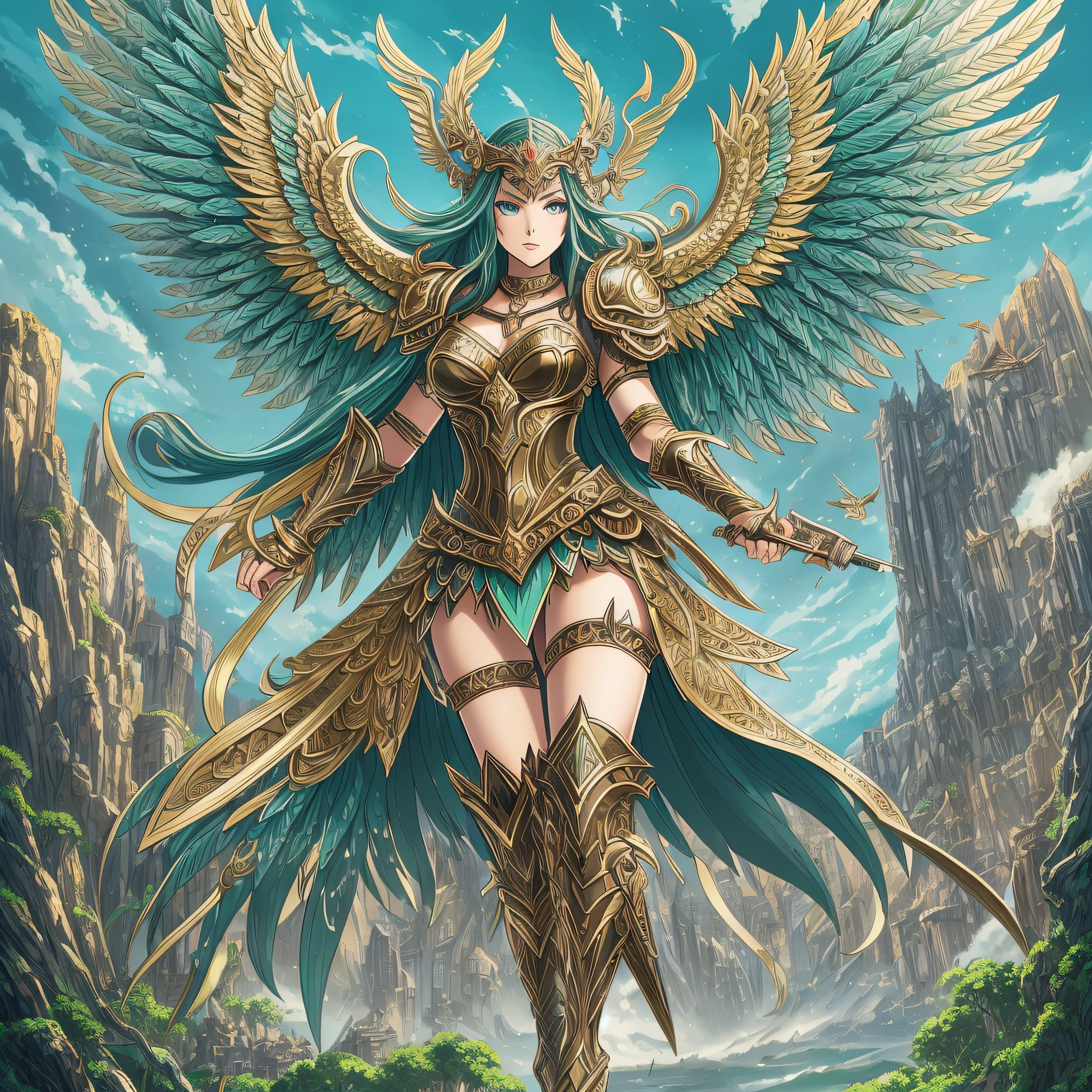 Masterpiece, best quality, {best quality}, {{masterpiece}}, {highres}, anime, attractive, exotic, Quetzalcoatl, Kukulkan, Serpent God, feathered serpent, flying feathers, plumage, Aztec, gold, gold, Anime - style illustration of a woman with wings and a golden halo, anime fantasy illustration, mystical atlantean valkyrie, as a mystical valkyrie, mystical valkyrie, detailed 2D digital fantasy art, anime fantasy art,  avian warrior, highly detailed official art, epic fantasy digital art style, mechanized valkyrie girl, goddess. Extremely tall detail, epic anime art, green wings, green feathers --auto --s2